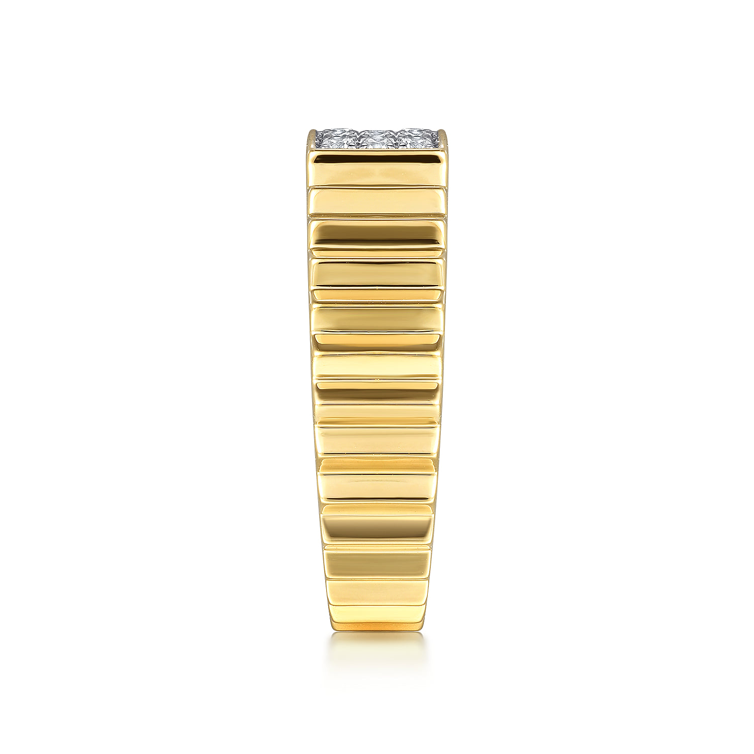 Diamond and Diamond Cut Texture Wide Band Ring in 14K Yellow Gold, photograph 4