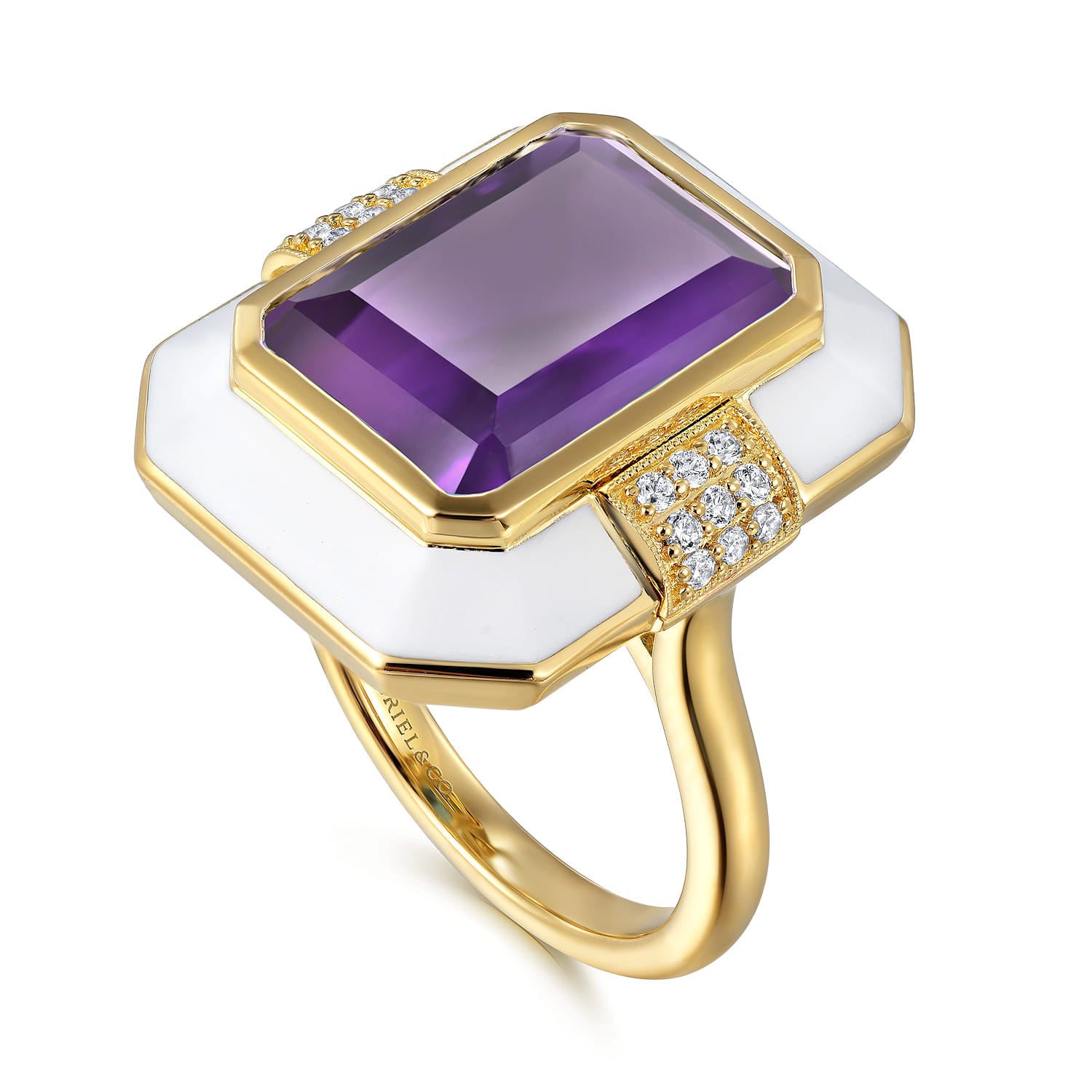 Diamond and Amethyst Cocktail Ring with White Enamel in 14K Yellow Gold, photograph 3