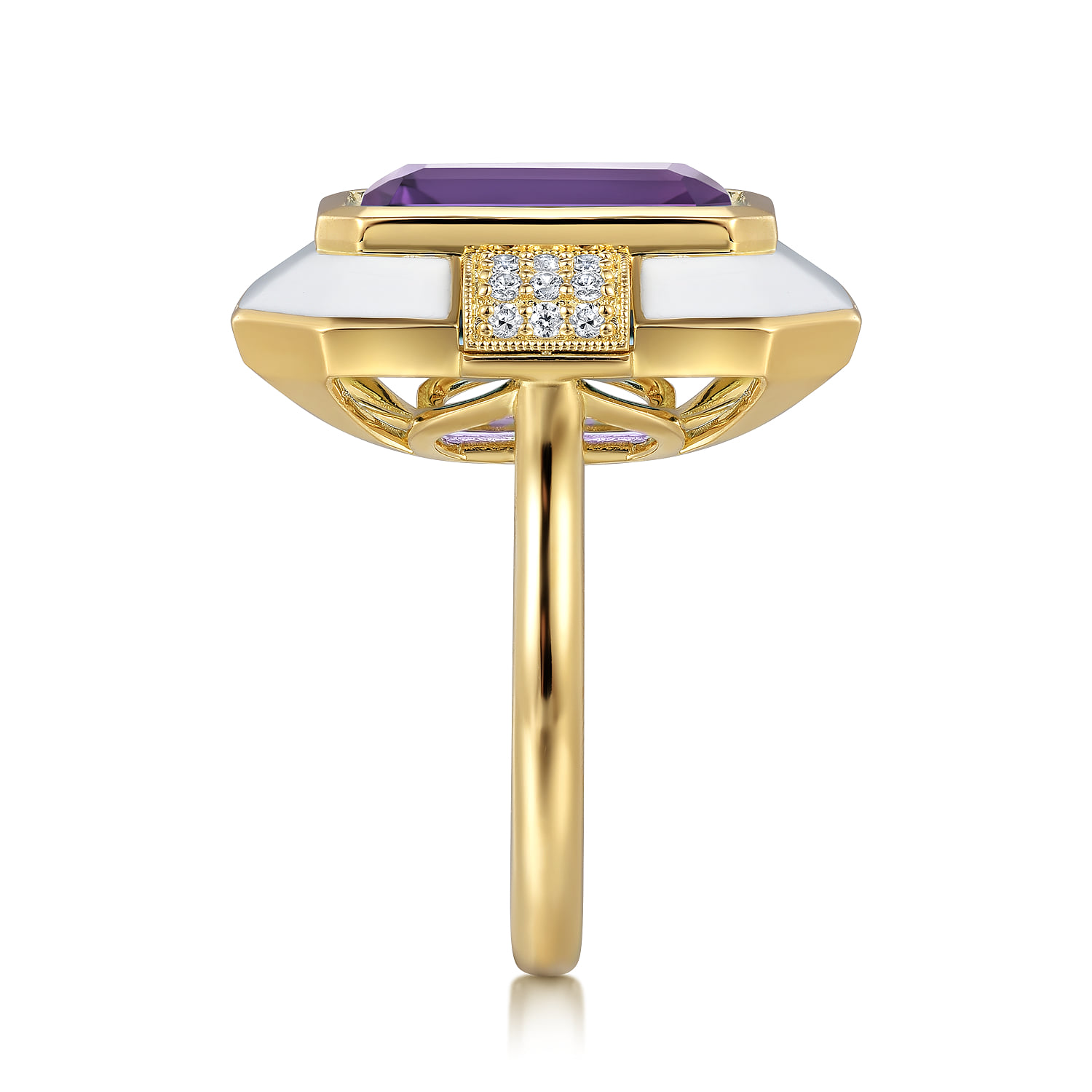 Diamond and Amethyst Cocktail Ring with White Enamel in 14K Yellow Gold, photograph 4