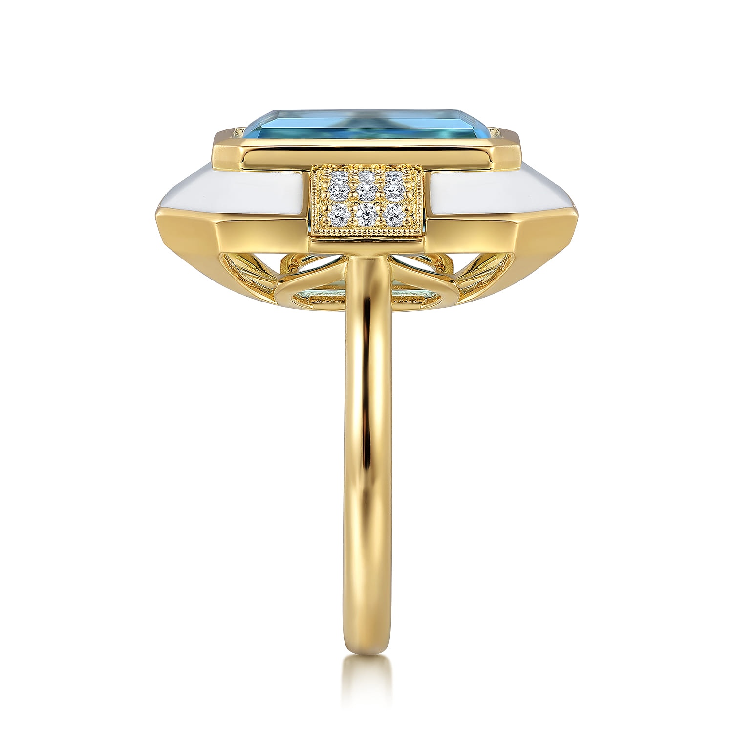 Diamond and Blue Topaz Cocktail Ring with White Enamel in 14K Yellow Gold, photograph 4