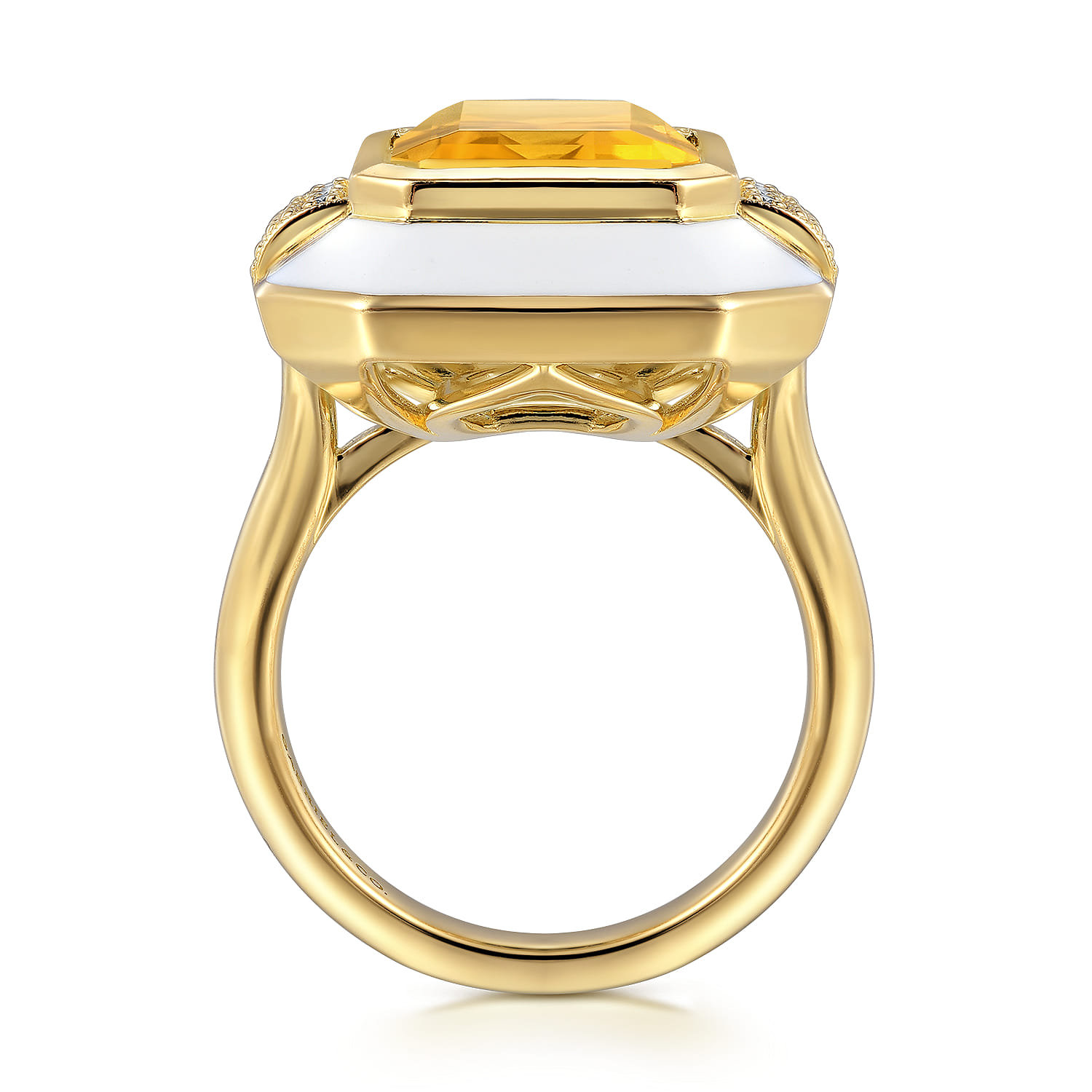 Diamond and Citrine Cocktail Ring with White Enamel in 14K Yellow Gold, photograph 2