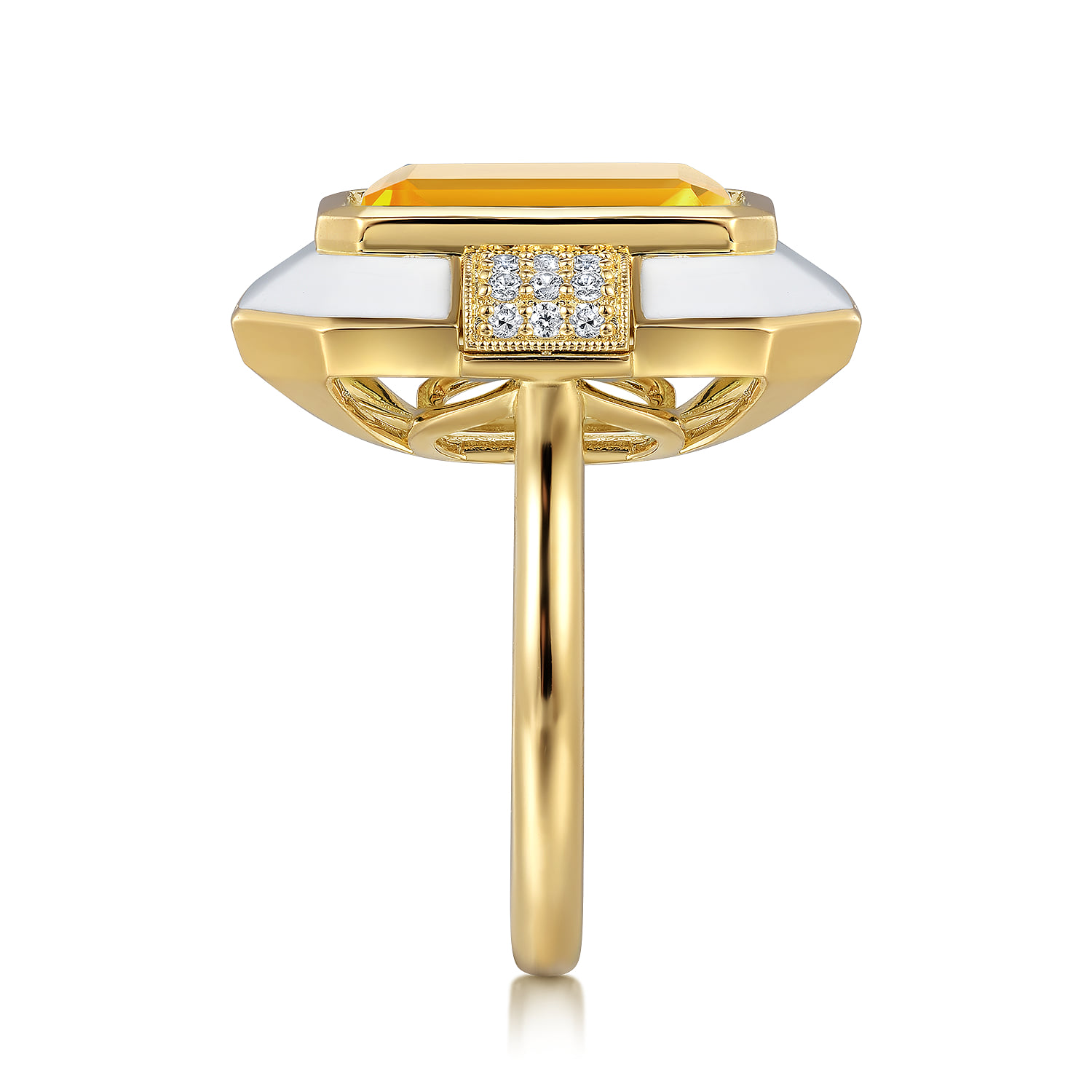 Diamond and Citrine Cocktail Ring with White Enamel in 14K Yellow Gold, photograph 4