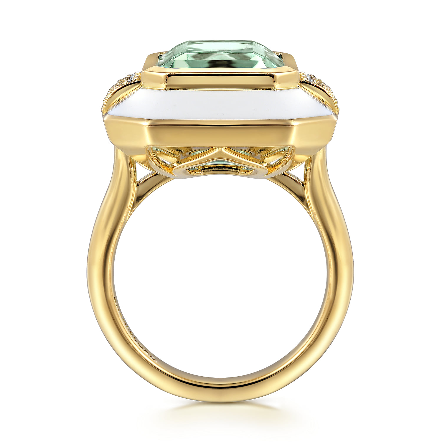 Diamond and Green Amethyst Cocktail Ring with White Enamel in 14K Yellow Gold, photograph 2