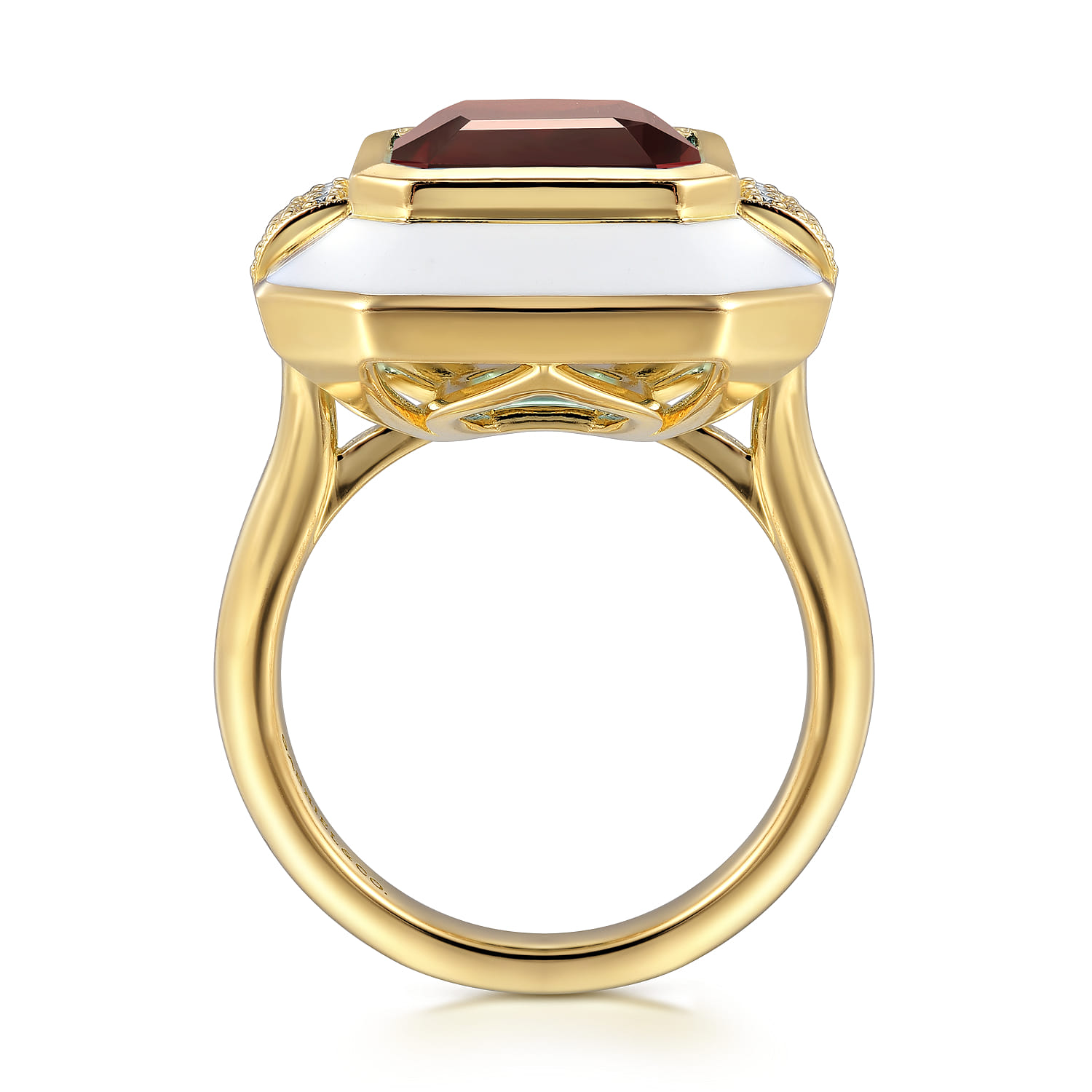 Diamond and Garnet Cocktail Ring with White Enamel in 14K Yellow Gold, photograph 2