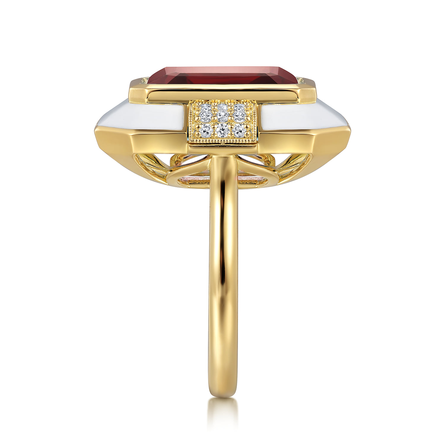 Diamond and Garnet Cocktail Ring with White Enamel in 14K Yellow Gold, photograph 4