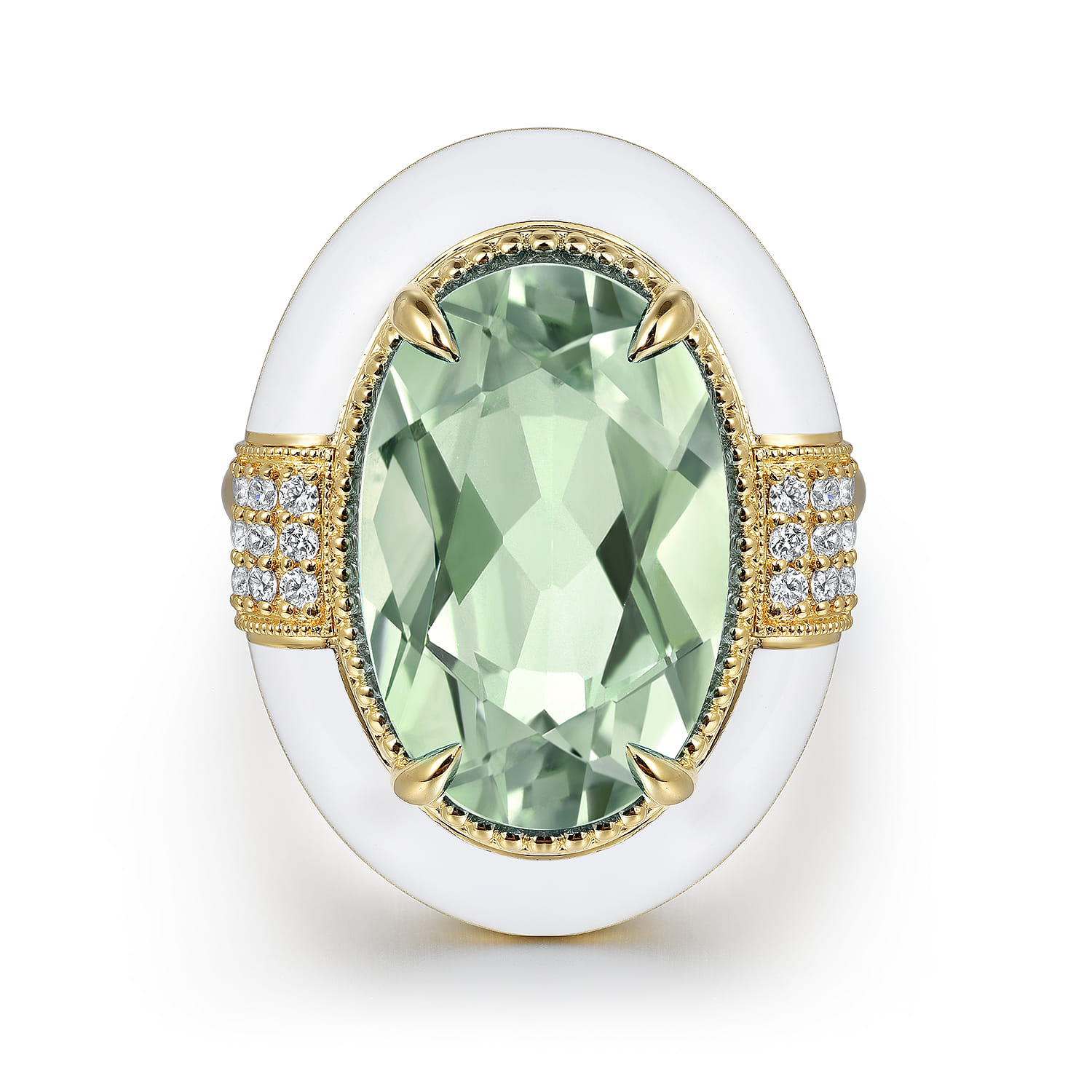 Diamond and Green Amethyst Cocktail Ring with White Enamel