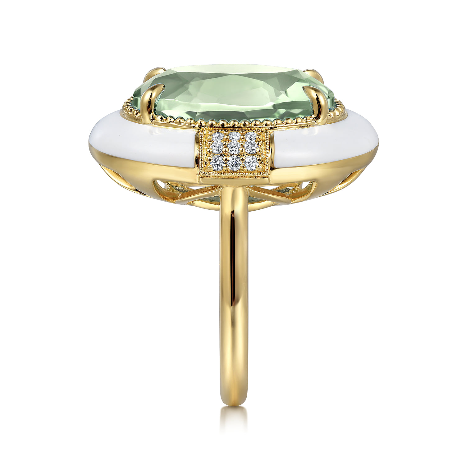 Diamond and Green Amethyst Cocktail Ring with White Enamel in 14K Yellow Gold, photograph 4