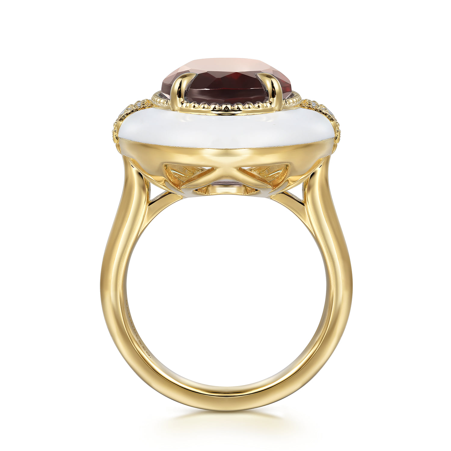Diamond and Garnet Cocktail Ring with White Enamel in 14K Yellow Gold, photograph 2