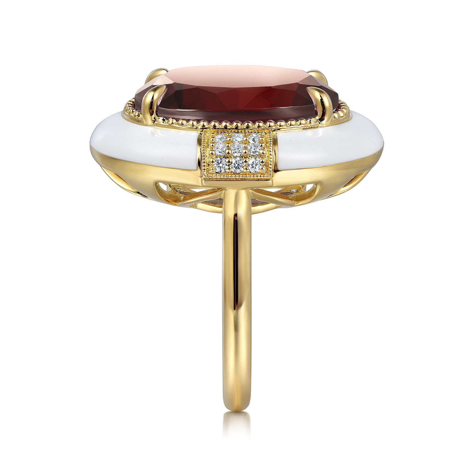 Diamond and Garnet Cocktail Ring with White Enamel in 14K Yellow Gold, photograph 4