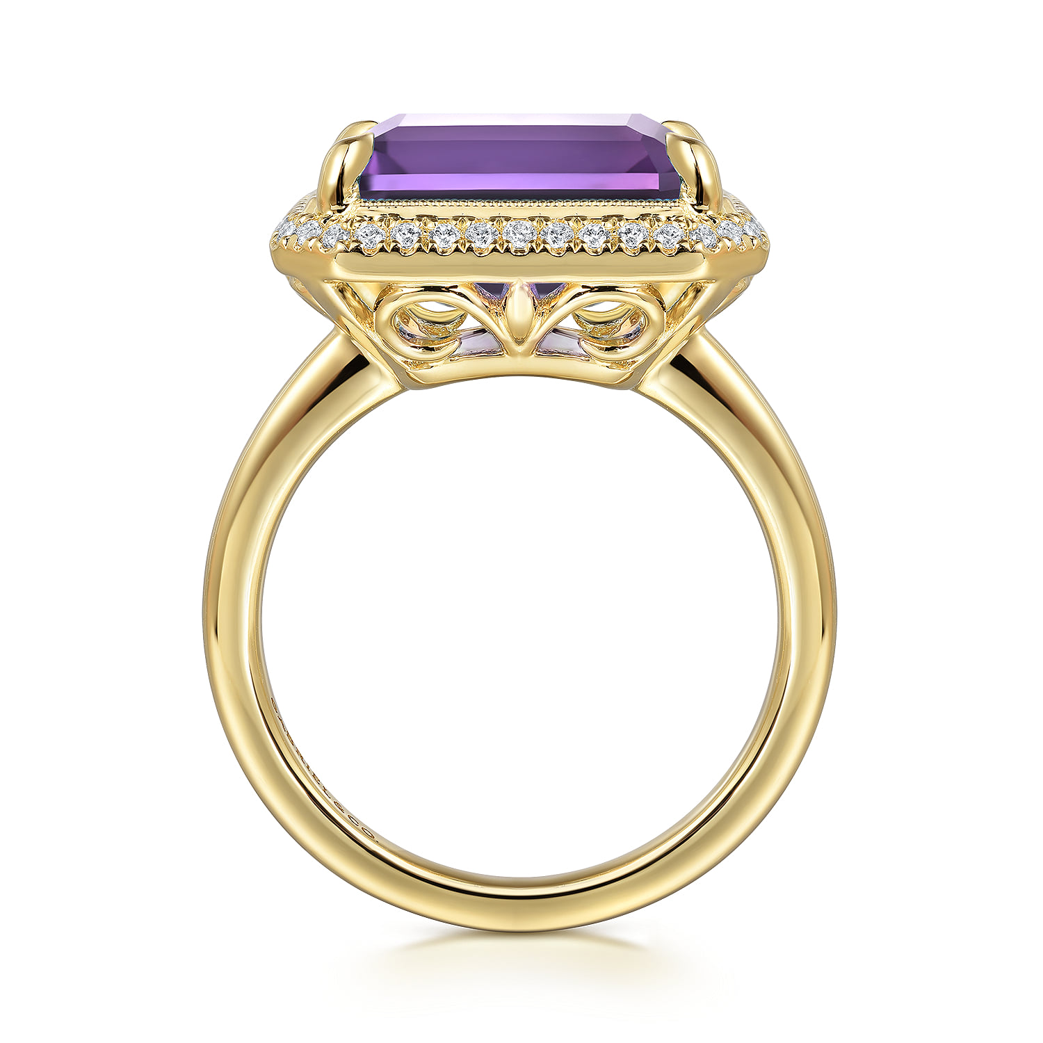 Diamond and Amethyst Emerald Cut Ladies Ring With Flower Pattern Gallery in 14K Yellow Gold, photograph 2
