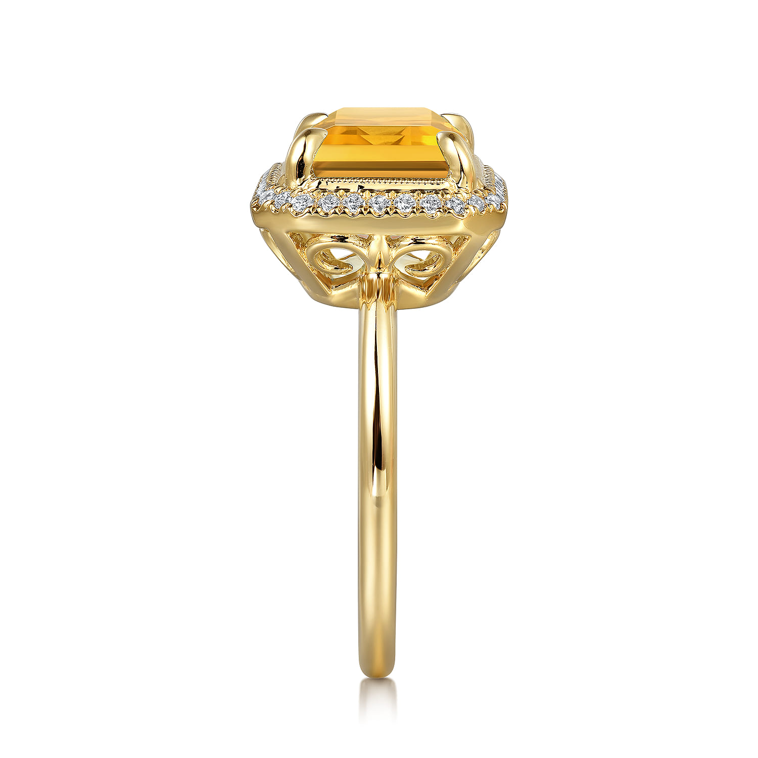Diamond and Citrine Emerald Cut Ladies Ring With Flower Pattern Gallery in 14K Yellow Gold, photograph 4