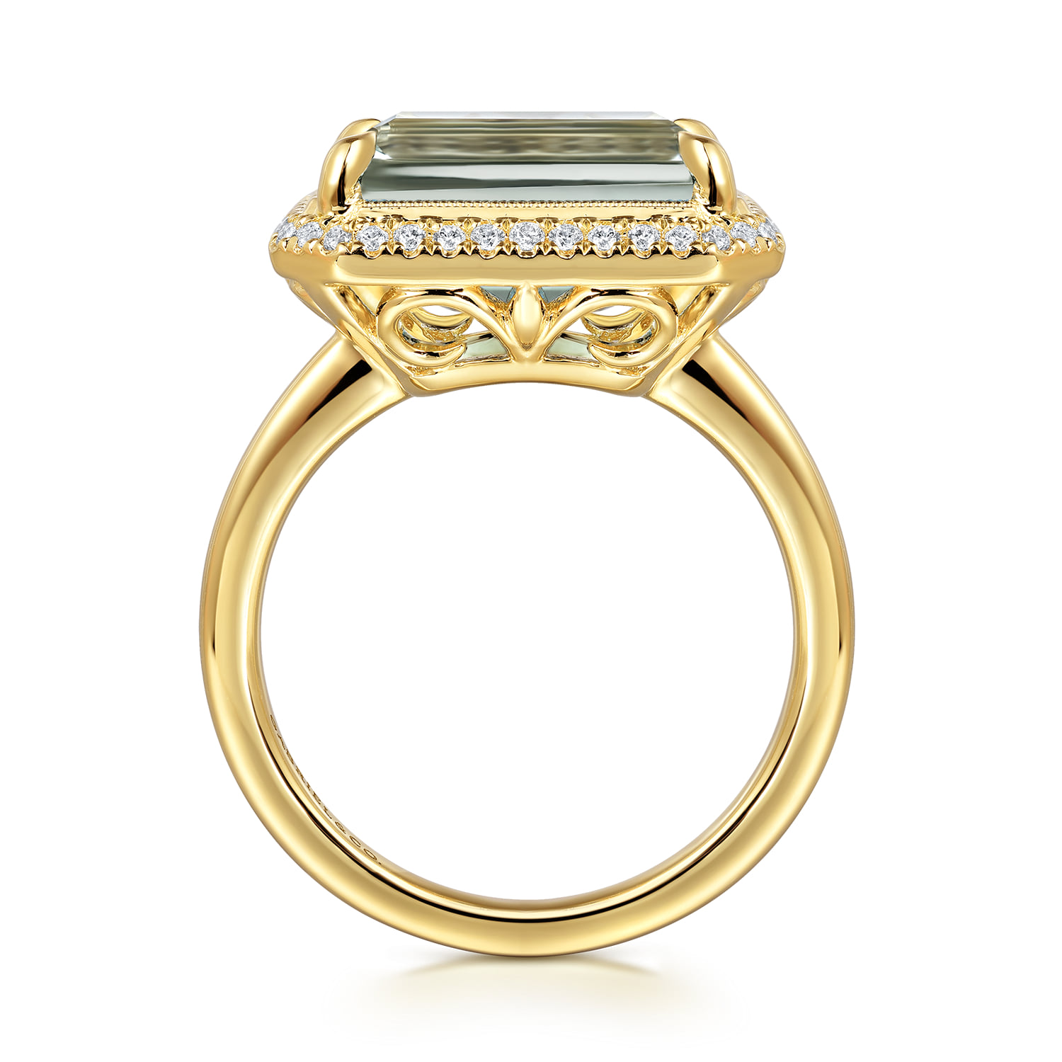 Diamond and Green Amethyst Emerald Cut Ladies Ring With Flower Pattern Gallery in 14K Yellow Gold, photograph 2