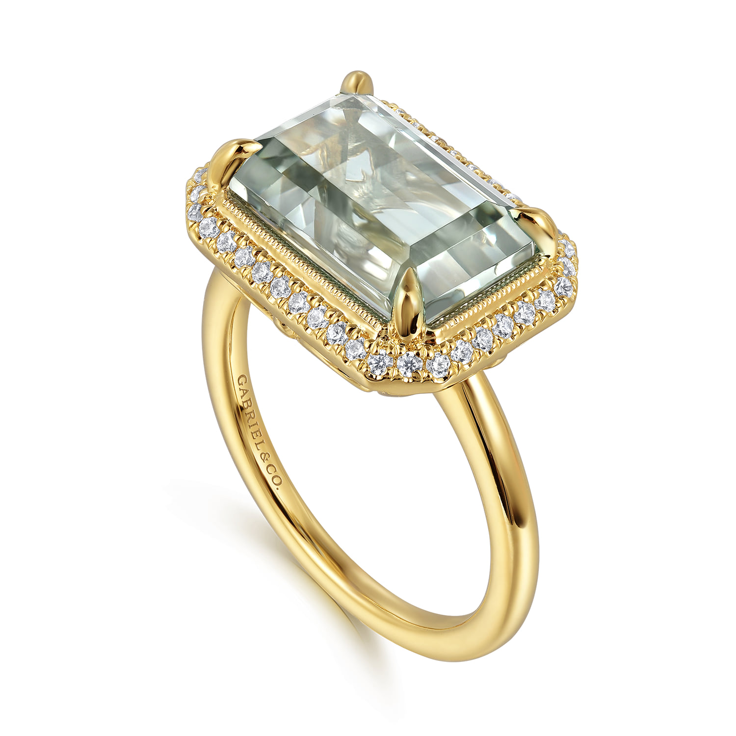 Diamond and Green Amethyst Emerald Cut Ladies Ring With Flower Pattern Gallery in 14K Yellow Gold, photograph 3