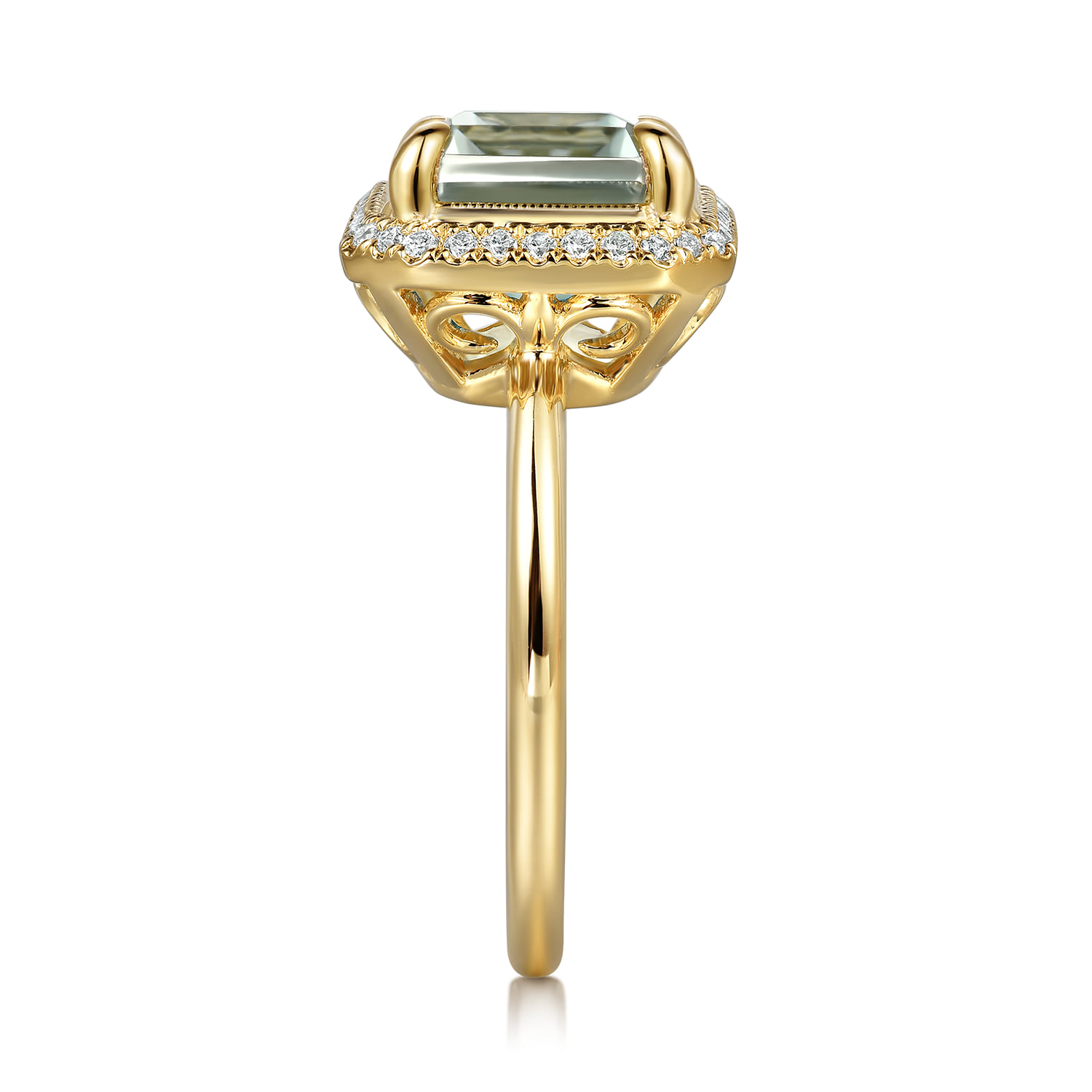 Diamond and Green Amethyst Emerald Cut Ladies Ring With Flower Pattern Gallery in 14K Yellow Gold, photograph 4