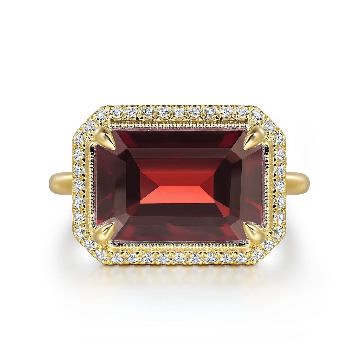Diamond and Garnet Emerald Cut Ladies Ring With Flower Pattern Gallery