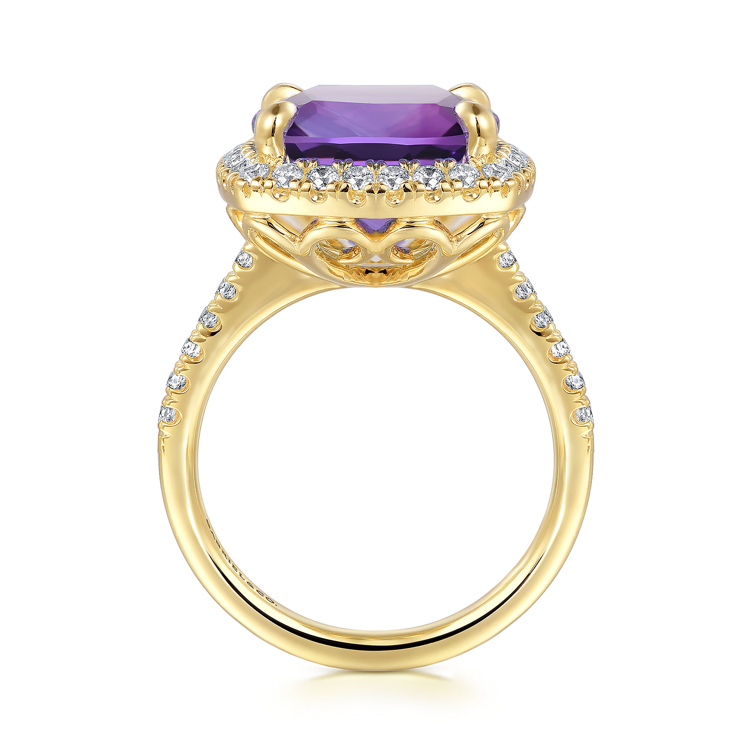 Diamond and Amethyst Cushion Cut Ladies Ring With Flower Pattern Gallery in 14K Yellow Gold, photograph 2