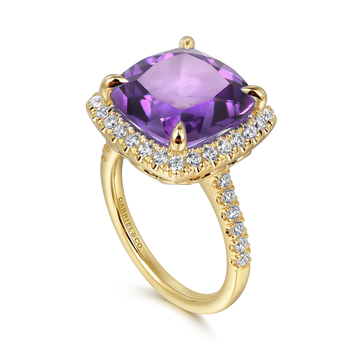 Diamond and Amethyst Cushion Cut Ladies Ring With Flower Pattern Gallery in 14K Yellow Gold, photograph 3