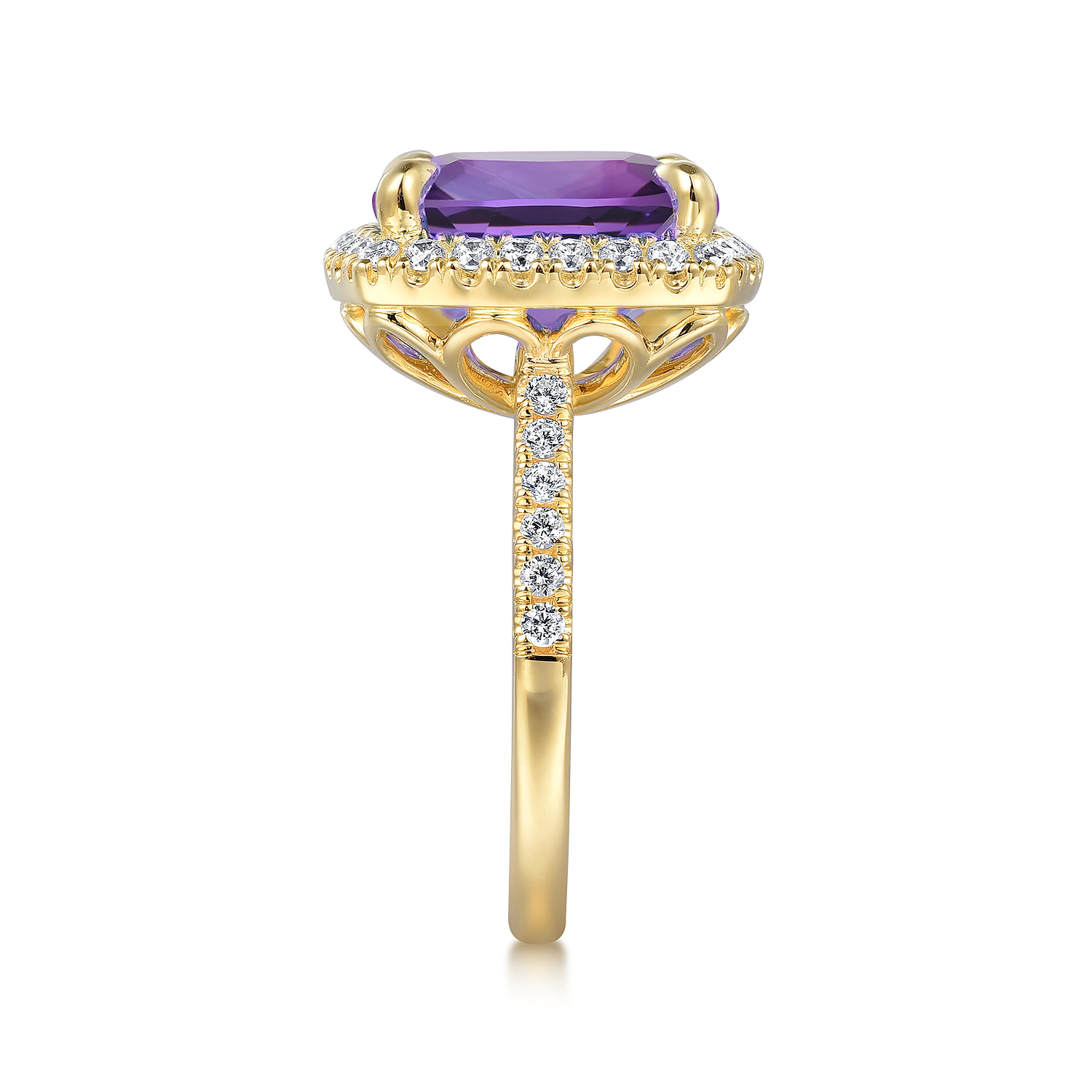 Diamond and Amethyst Cushion Cut Ladies Ring With Flower Pattern Gallery in 14K Yellow Gold, photograph 4