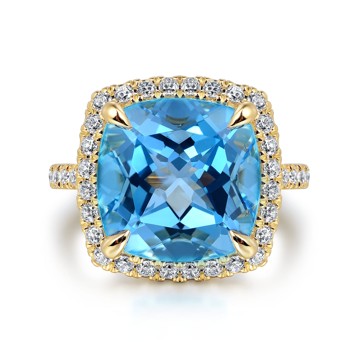 Diamond and Blue Topaz Cushion Cut Ladies Ring With Flower Pattern Gallery