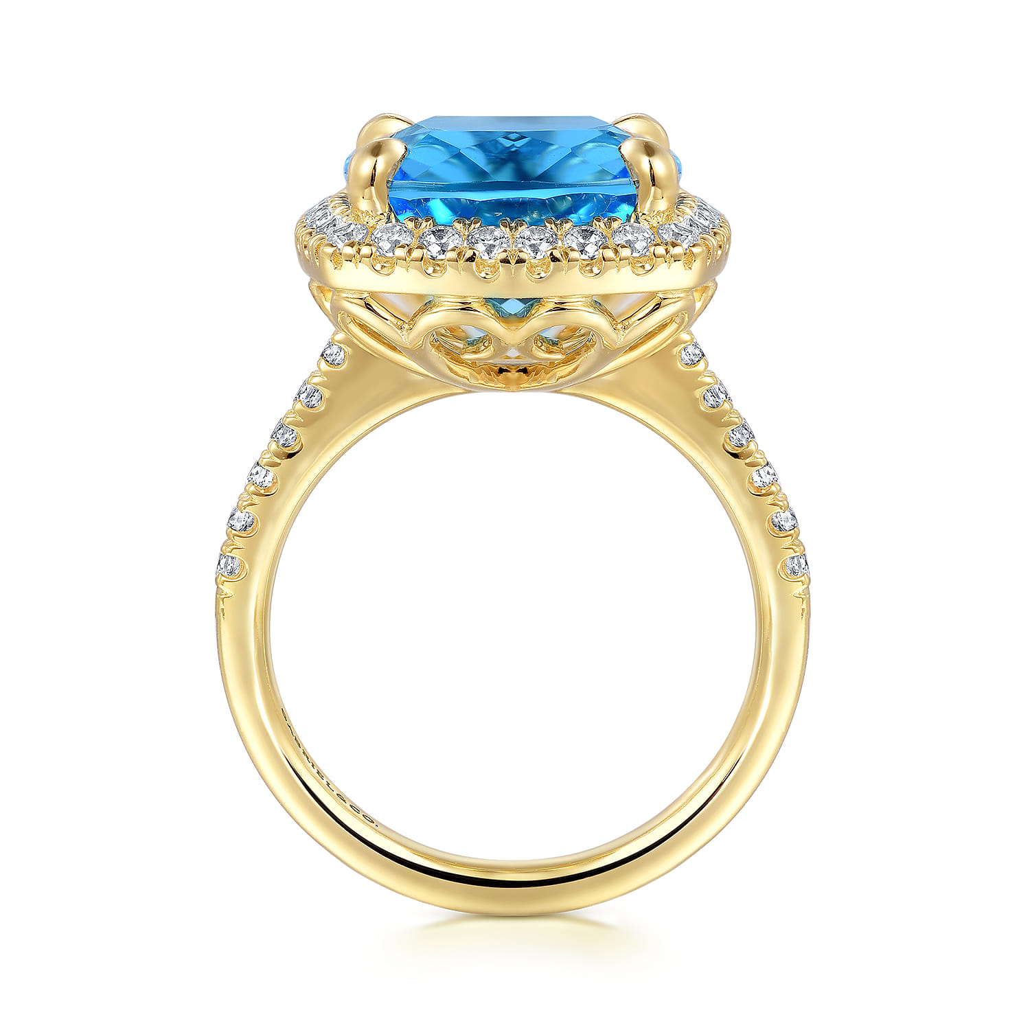 Diamond and Blue Topaz Cushion Cut Ladies Ring With Flower Pattern Gallery in 14K Yellow Gold, photograph 2