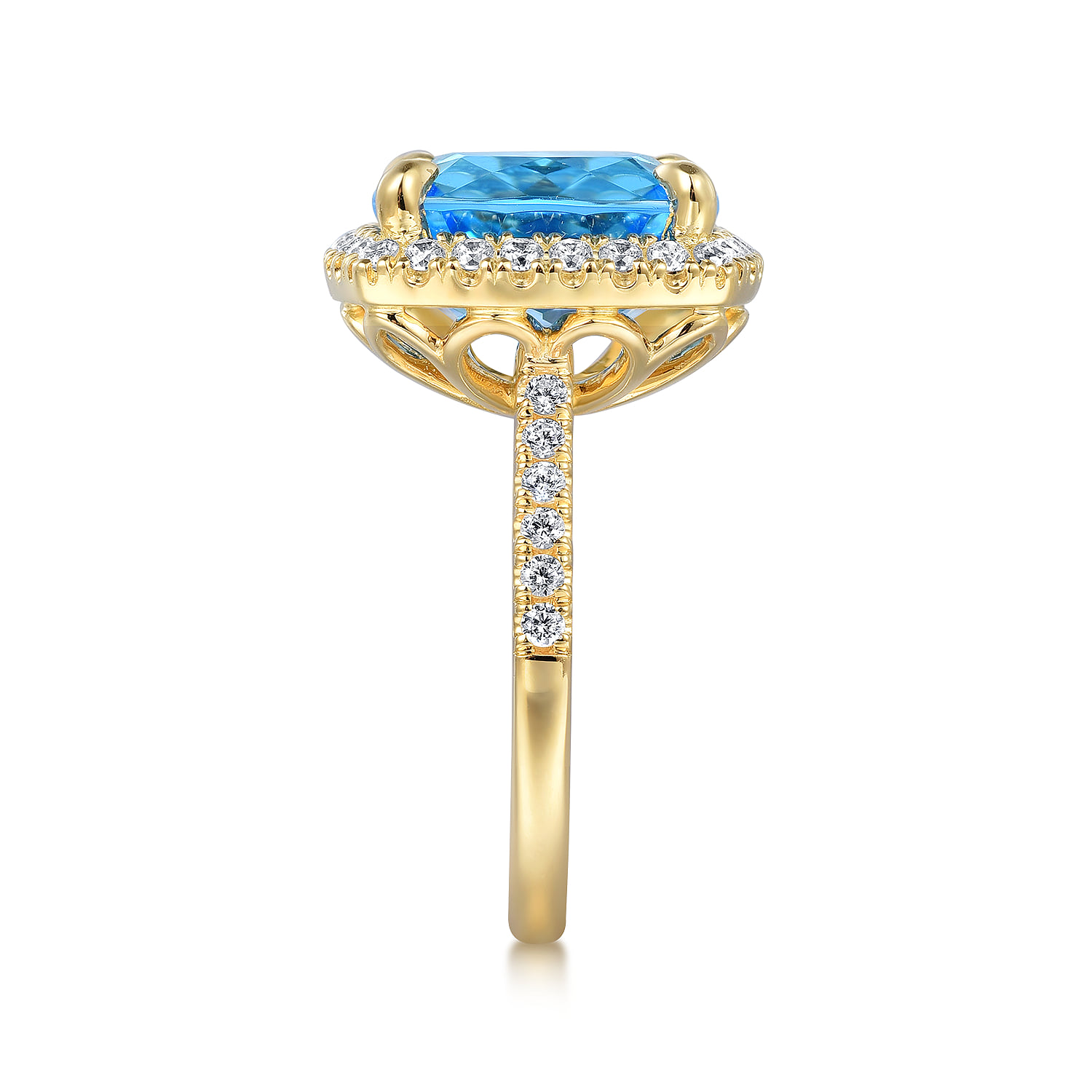 Diamond and Blue Topaz Cushion Cut Ladies Ring With Flower Pattern Gallery in 14K Yellow Gold, photograph 4