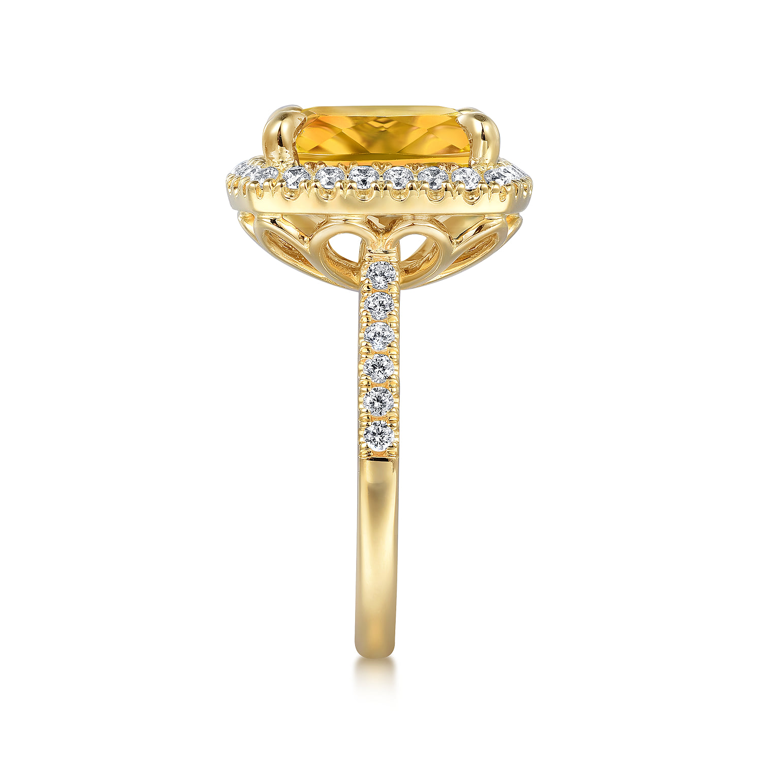 Diamond and Citrine Cushion Cut Ladies Ring With Flower Pattern Gallery in 14K Yellow Gold, photograph 4