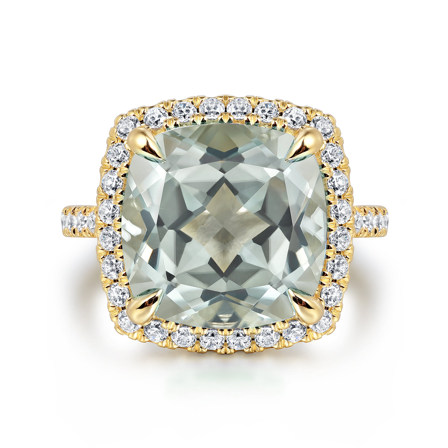 Diamond and Green Amethyst Cushion Cut Ladies Ring With Flower Pattern Gallery