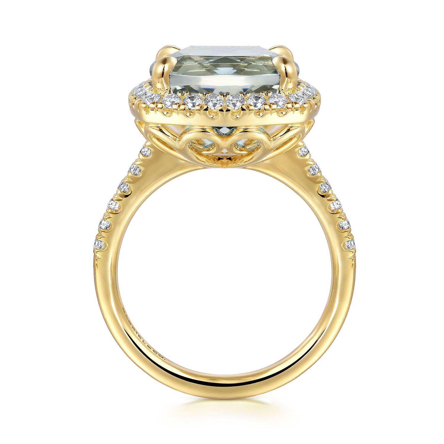 Diamond and Green Amethyst Cushion Cut Ladies Ring With Flower Pattern Gallery in 14K Yellow Gold, photograph 2