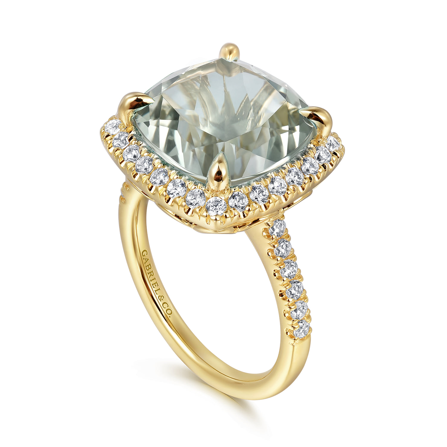 Diamond and Green Amethyst Cushion Cut Ladies Ring With Flower Pattern Gallery in 14K Yellow Gold, photograph 3