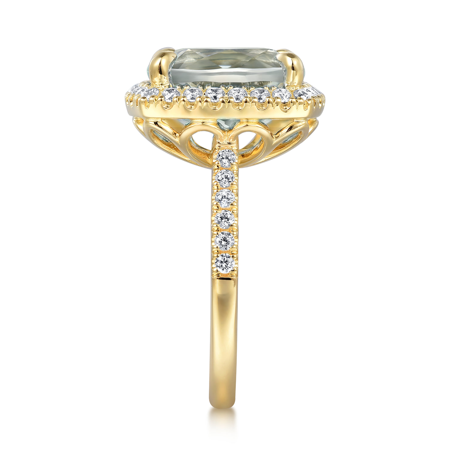 Diamond and Green Amethyst Cushion Cut Ladies Ring With Flower Pattern Gallery in 14K Yellow Gold, photograph 4