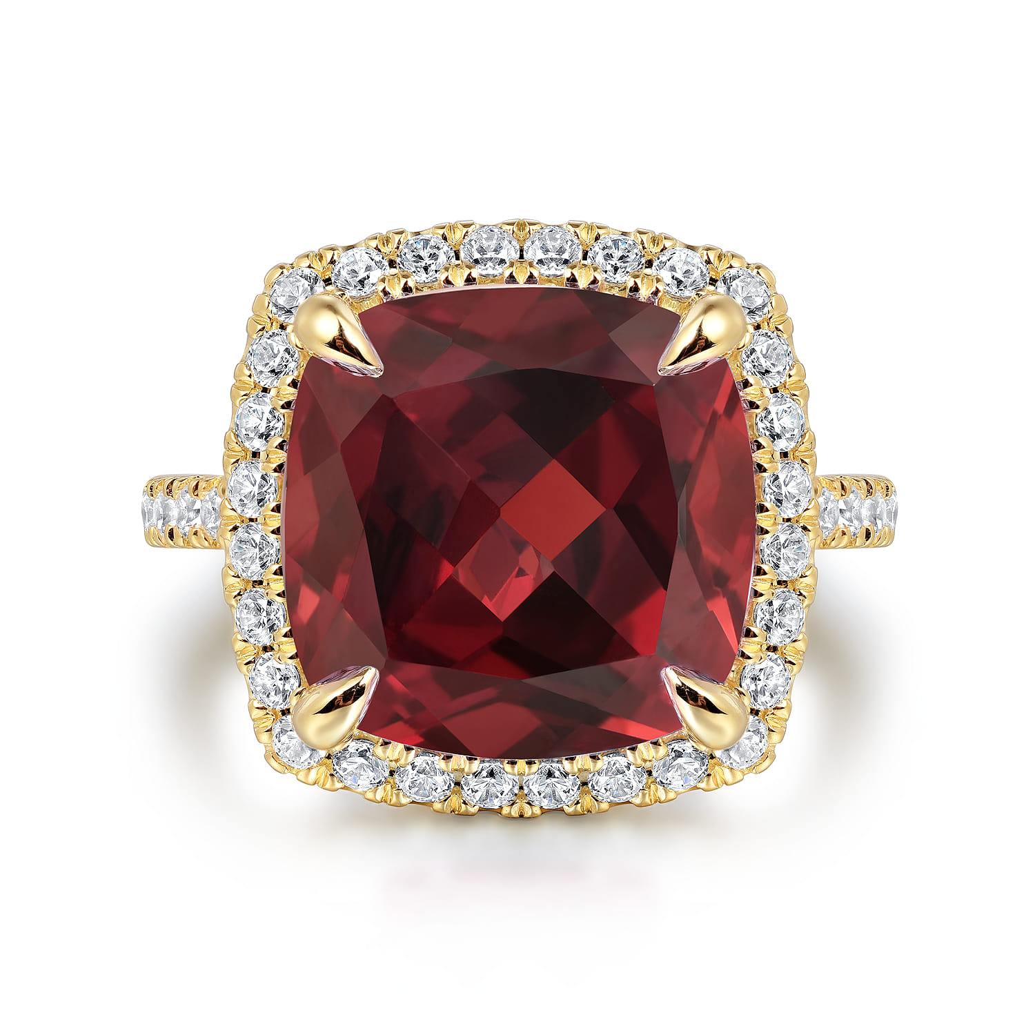 Diamond and Garnet Cushion Cut Ladies Ring With Flower Pattern Gallery