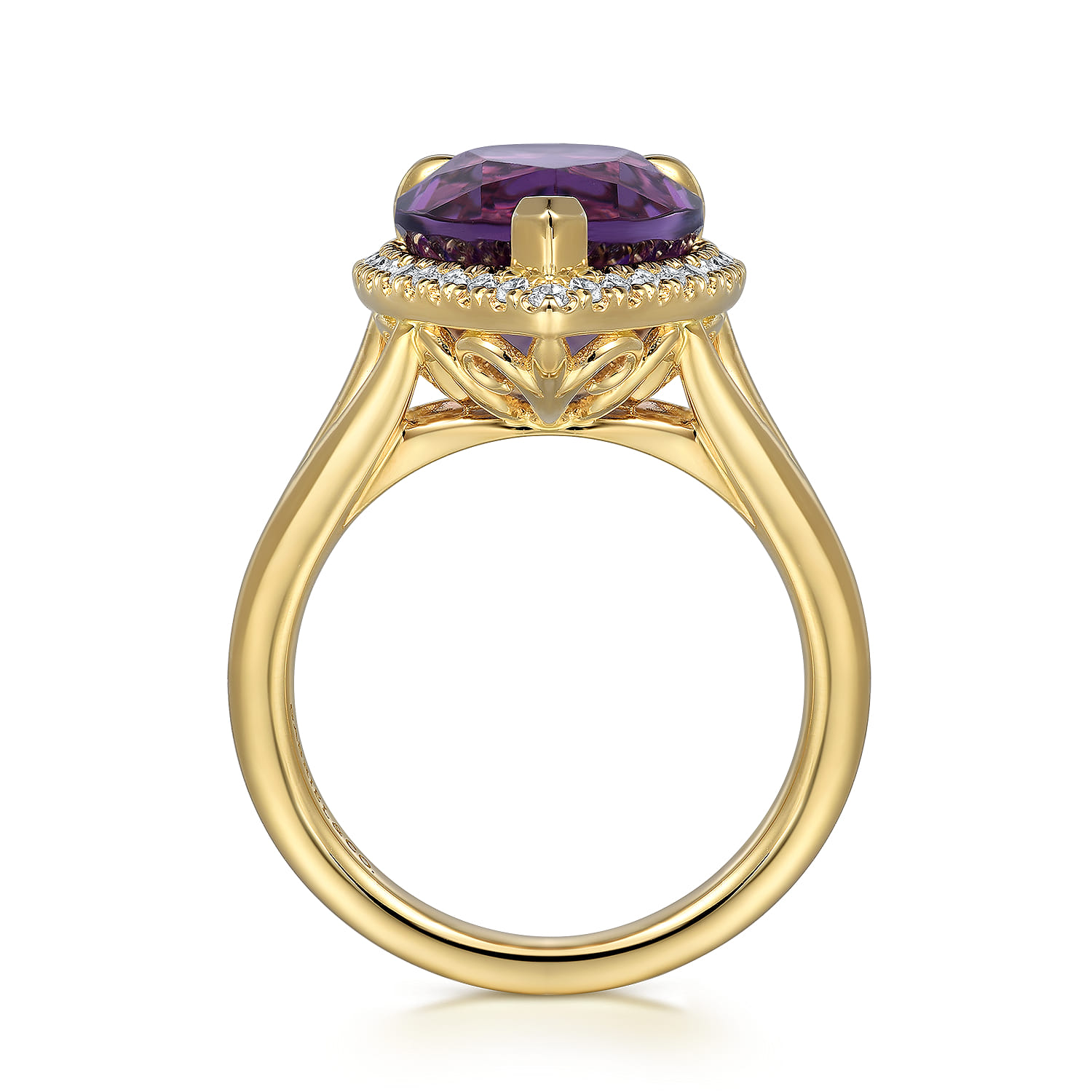 Diamond and Flat Pear Shape Amethyst Ladies Ring With Flower Pattern Gallery in 14K Yellow Gold, photograph 2
