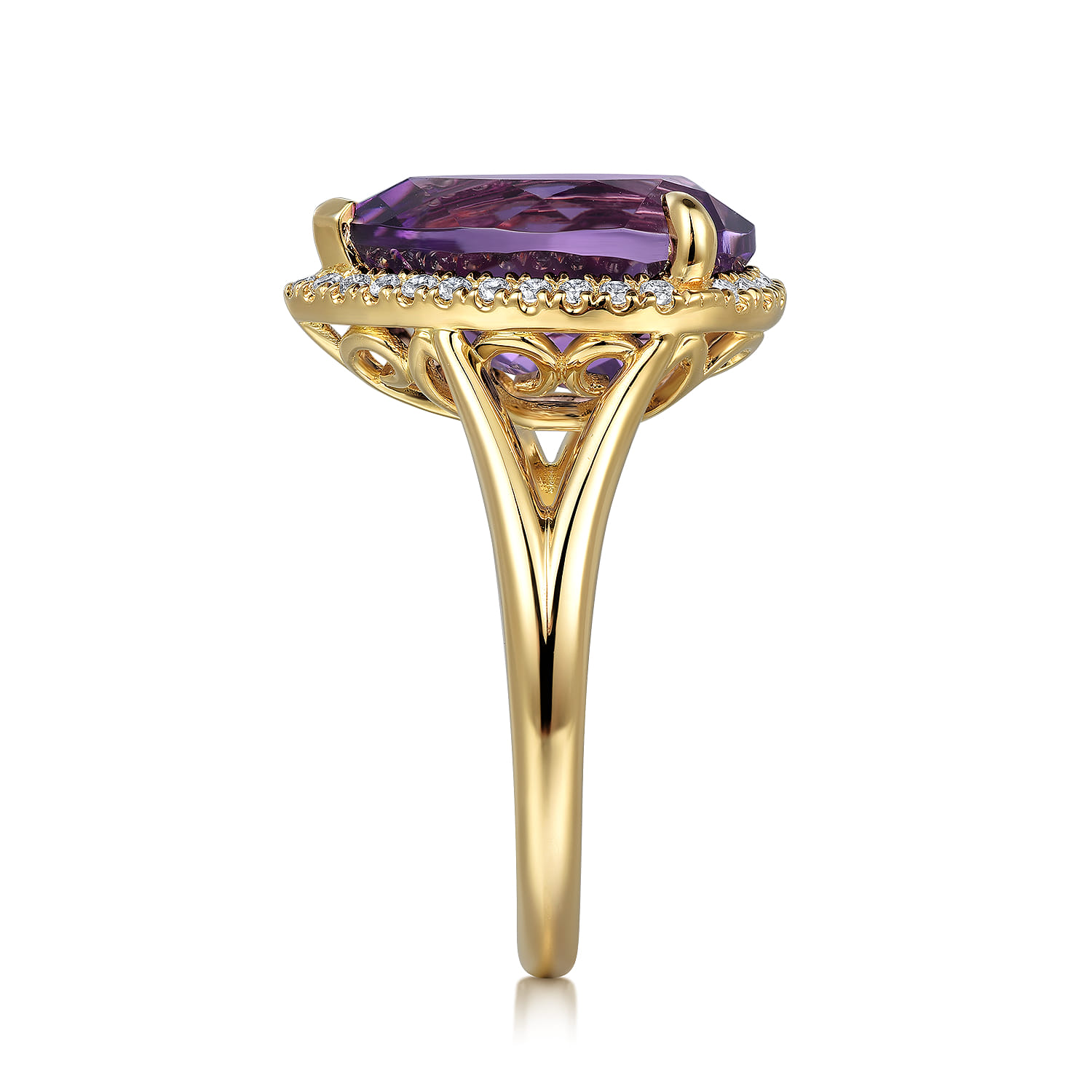 Diamond and Flat Pear Shape Amethyst Ladies Ring With Flower Pattern Gallery in 14K Yellow Gold, photograph 4