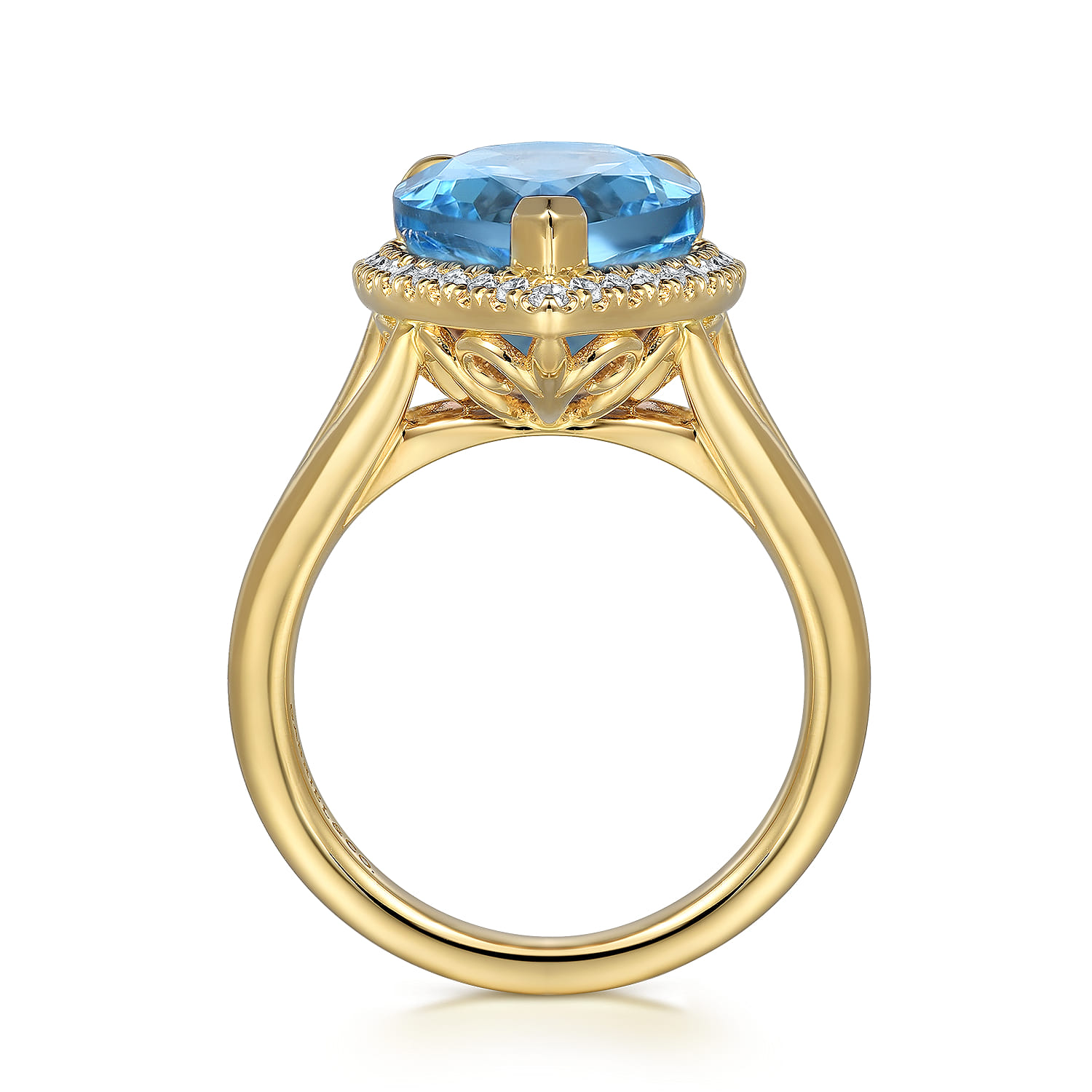 Diamond and Flat Pear Shape Blue Topaz Ladies Ring With Flower Pattern Gallery in 14K Yellow Gold, photograph 2