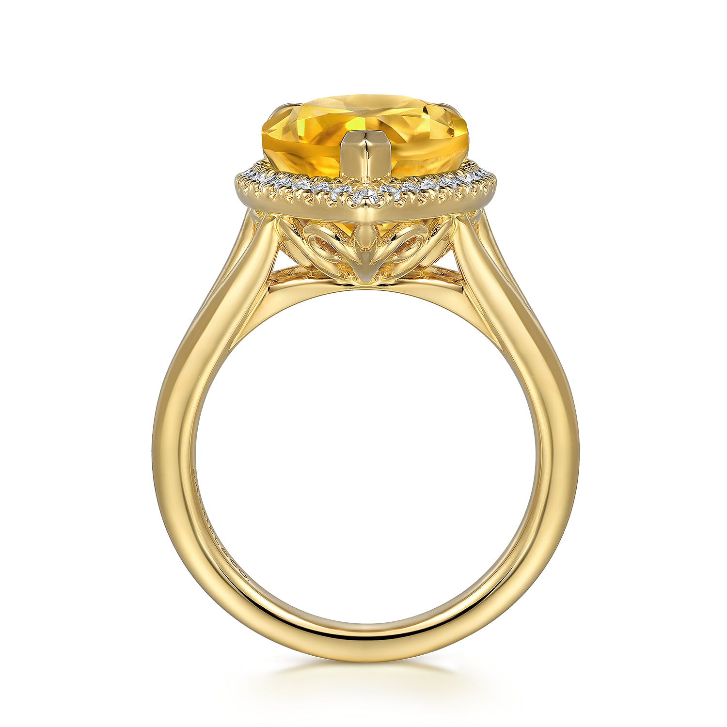 Diamond and Flat Pear Shape Citrine Ladies Ring With Flower Pattern Gallery in 14K Yellow Gold, photograph 2