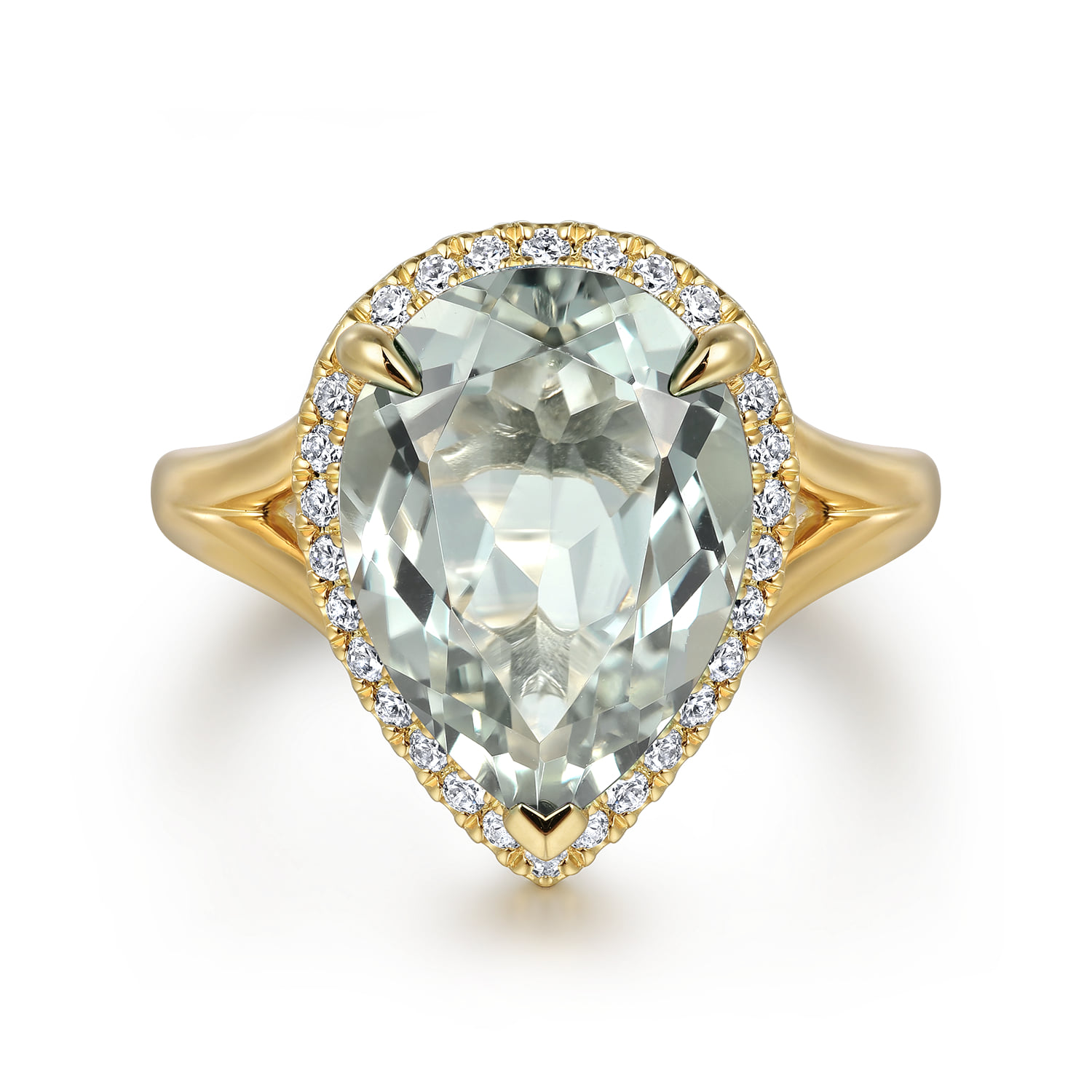 Diamond and Flat Pear Shape Green Amethyst Ladies Ring With Flower Pattern Gallery