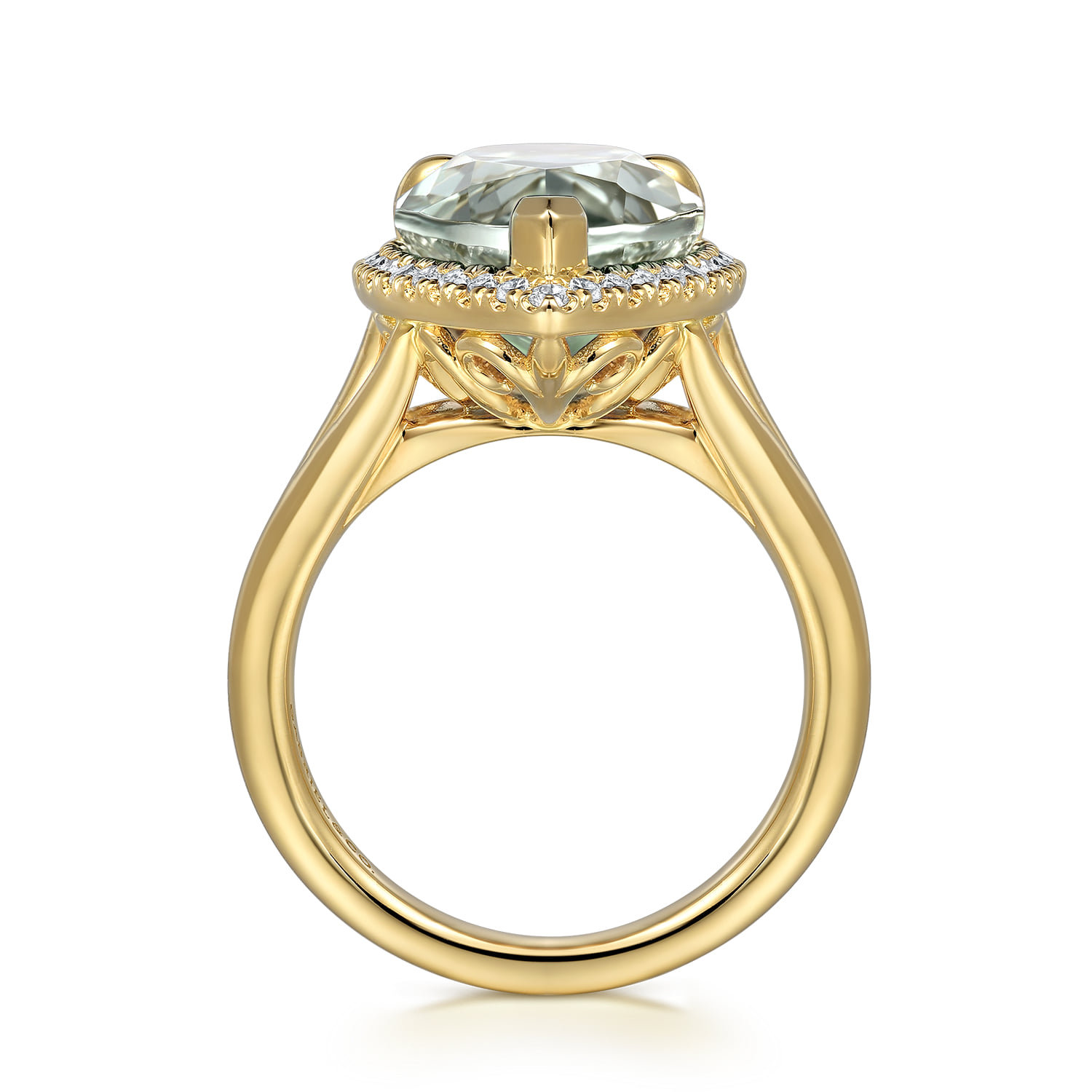 Diamond and Flat Pear Shape Green Amethyst Ladies Ring With Flower Pattern Gallery in 14K Yellow Gold, photograph 2