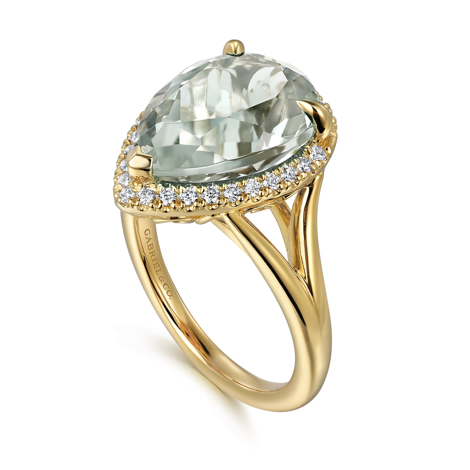 Diamond and Flat Pear Shape Green Amethyst Ladies Ring With Flower Pattern Gallery in 14K Yellow Gold, photograph 3