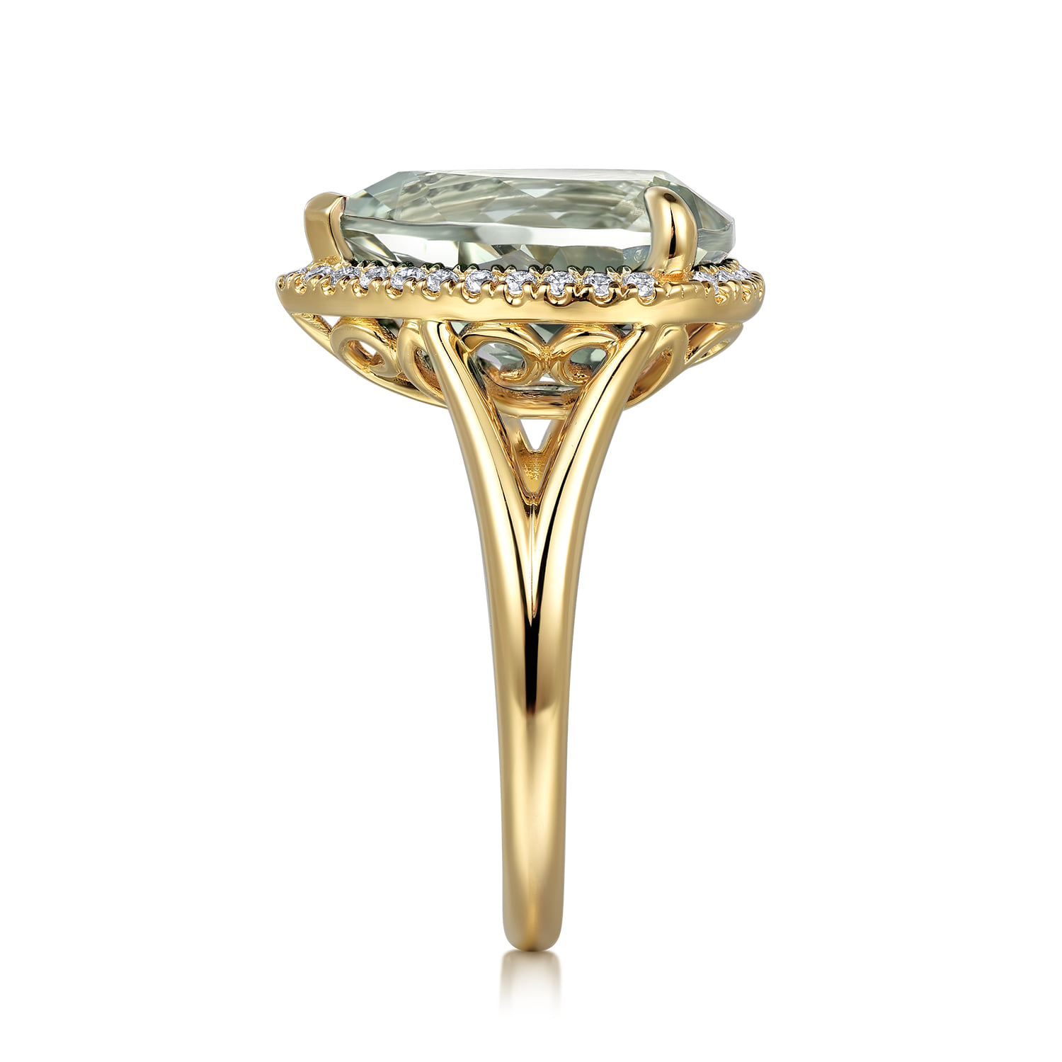 Diamond and Flat Pear Shape Green Amethyst Ladies Ring With Flower Pattern Gallery in 14K Yellow Gold, photograph 4