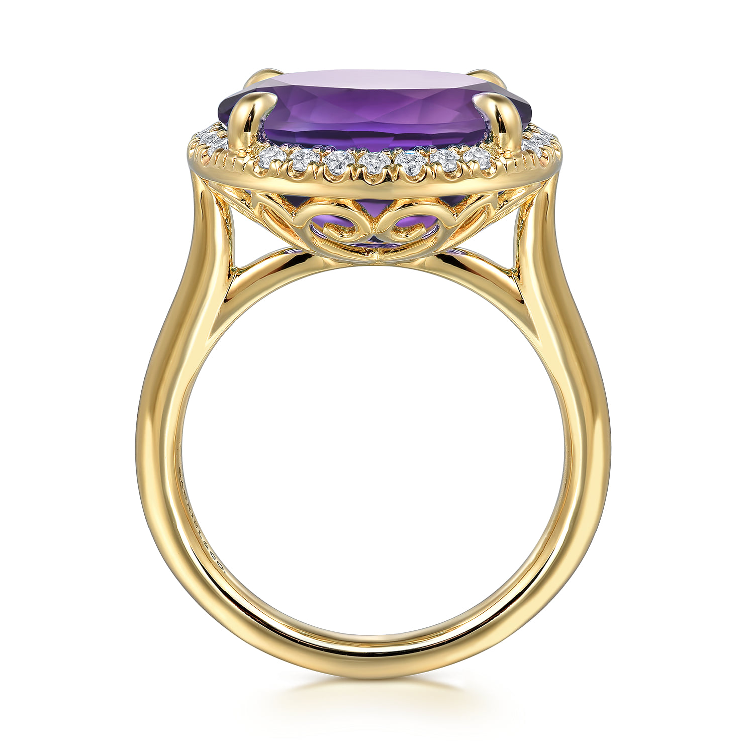 Diamond and Oval Shape Amethyst Ladies Ring With Flower Pattern Gallery in 14K Yellow Gold, photograph 2