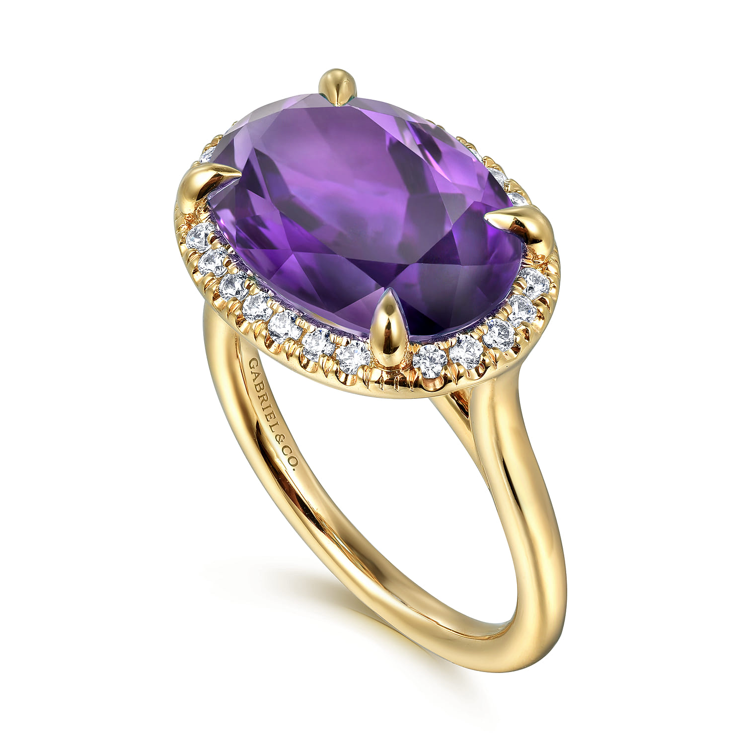 Diamond and Oval Shape Amethyst Ladies Ring With Flower Pattern Gallery in 14K Yellow Gold, photograph 3