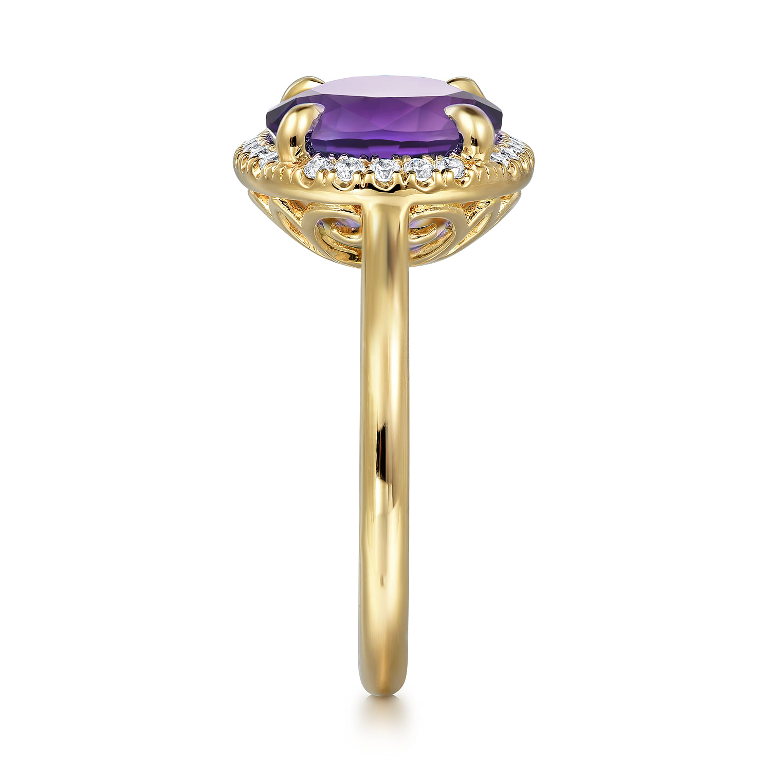 Diamond and Oval Shape Amethyst Ladies Ring With Flower Pattern Gallery in 14K Yellow Gold, photograph 4