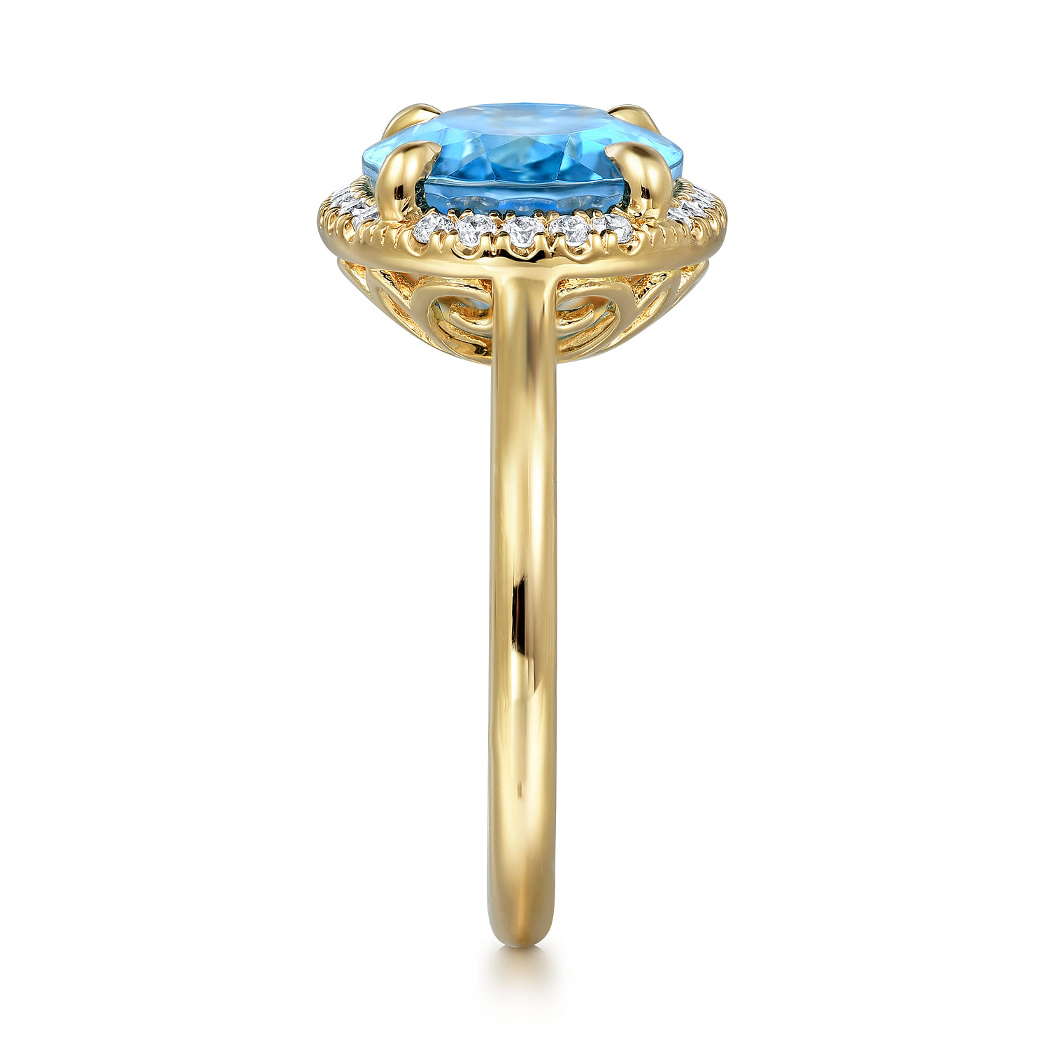 Diamond and Oval Shape Blue Topaz Ladies Ring With Flower Pattern Gallery in 14K Yellow Gold, photograph 4