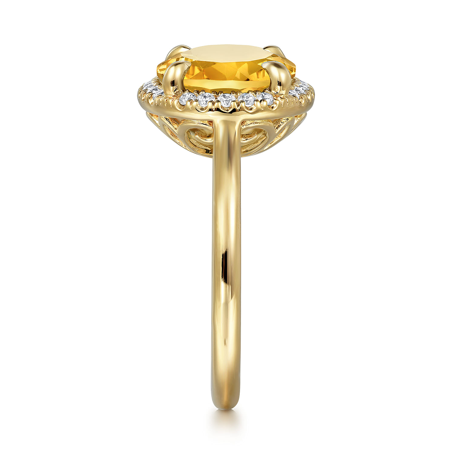 Diamond and Oval Shape Citrine Ladies Ring With Flower Pattern Gallery in 14K Yellow Gold, photograph 4