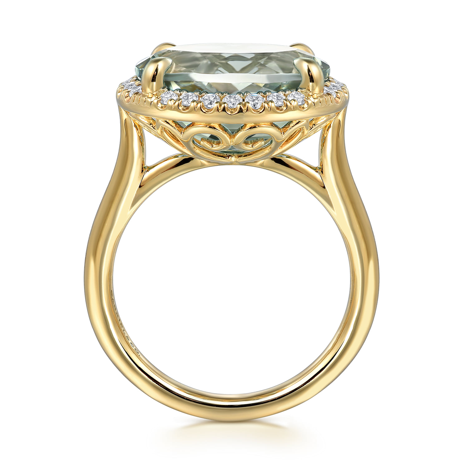 Diamond and Oval Shape Green Amethyst Ladies Ring with Flower Pattern Gallery in 14K Yellow Gold, photograph 2