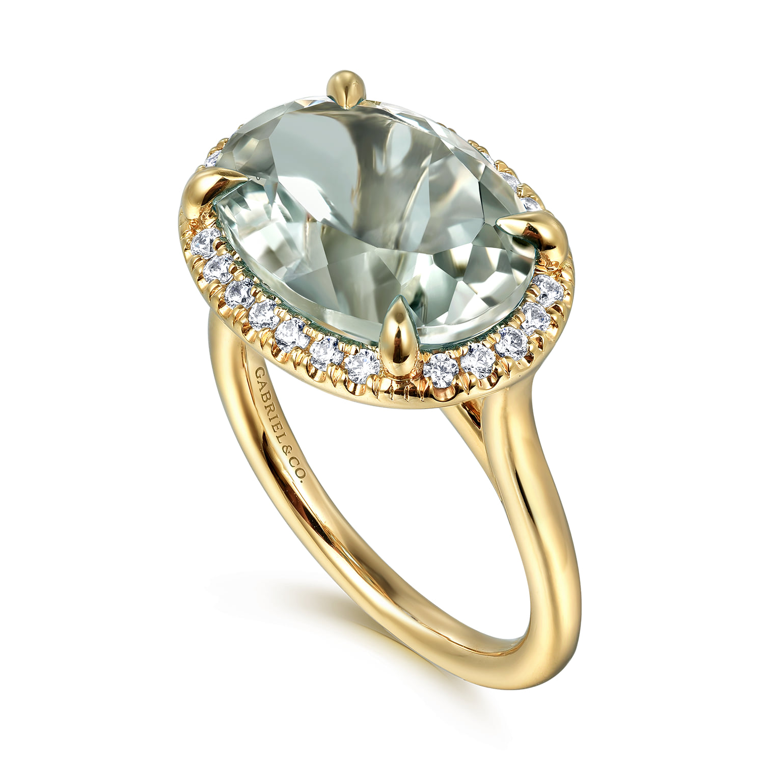 Diamond and Oval Shape Green Amethyst Ladies Ring with Flower Pattern Gallery in 14K Yellow Gold, photograph 3