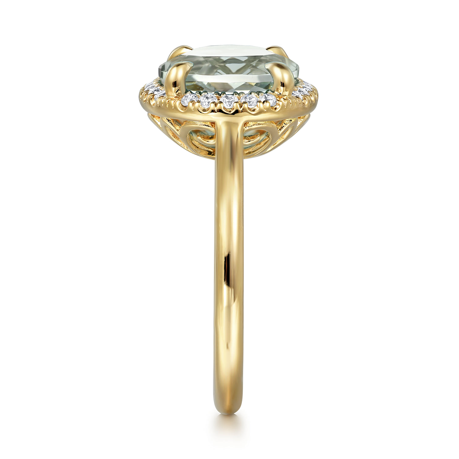 Diamond and Oval Shape Green Amethyst Ladies Ring with Flower Pattern Gallery in 14K Yellow Gold, photograph 4