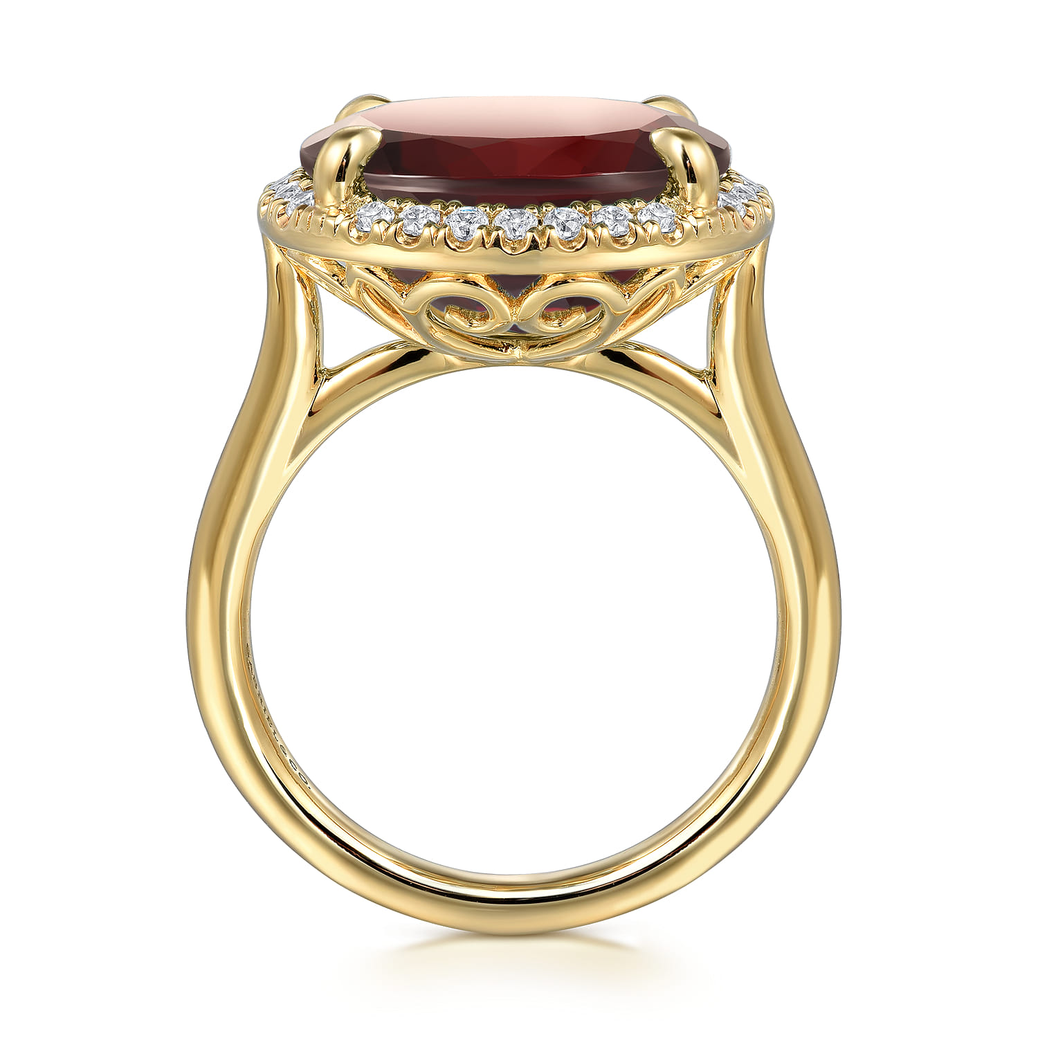 Diamond and Oval Shape Garnet Ladies Ring With Flower Pattern Gallery in 14K Yellow Gold, photograph 2