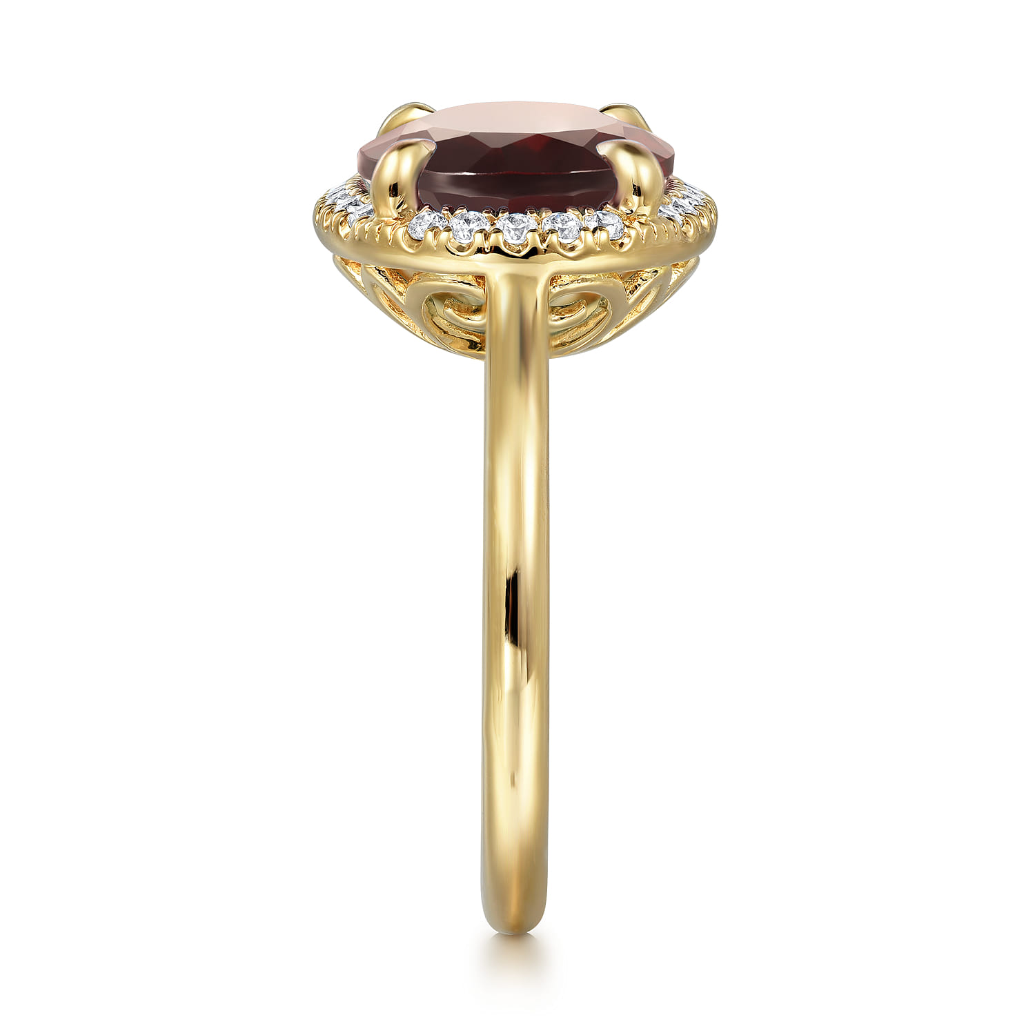 Diamond and Oval Shape Garnet Ladies Ring With Flower Pattern Gallery in 14K Yellow Gold, photograph 4