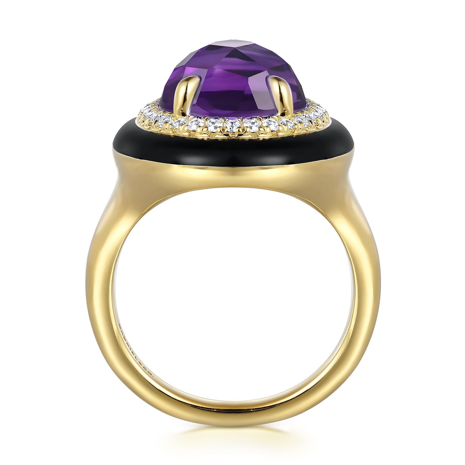 Diamond and Amethyst Cocktail Ring with Black Enamel in 14K Yellow Gold, photograph 2